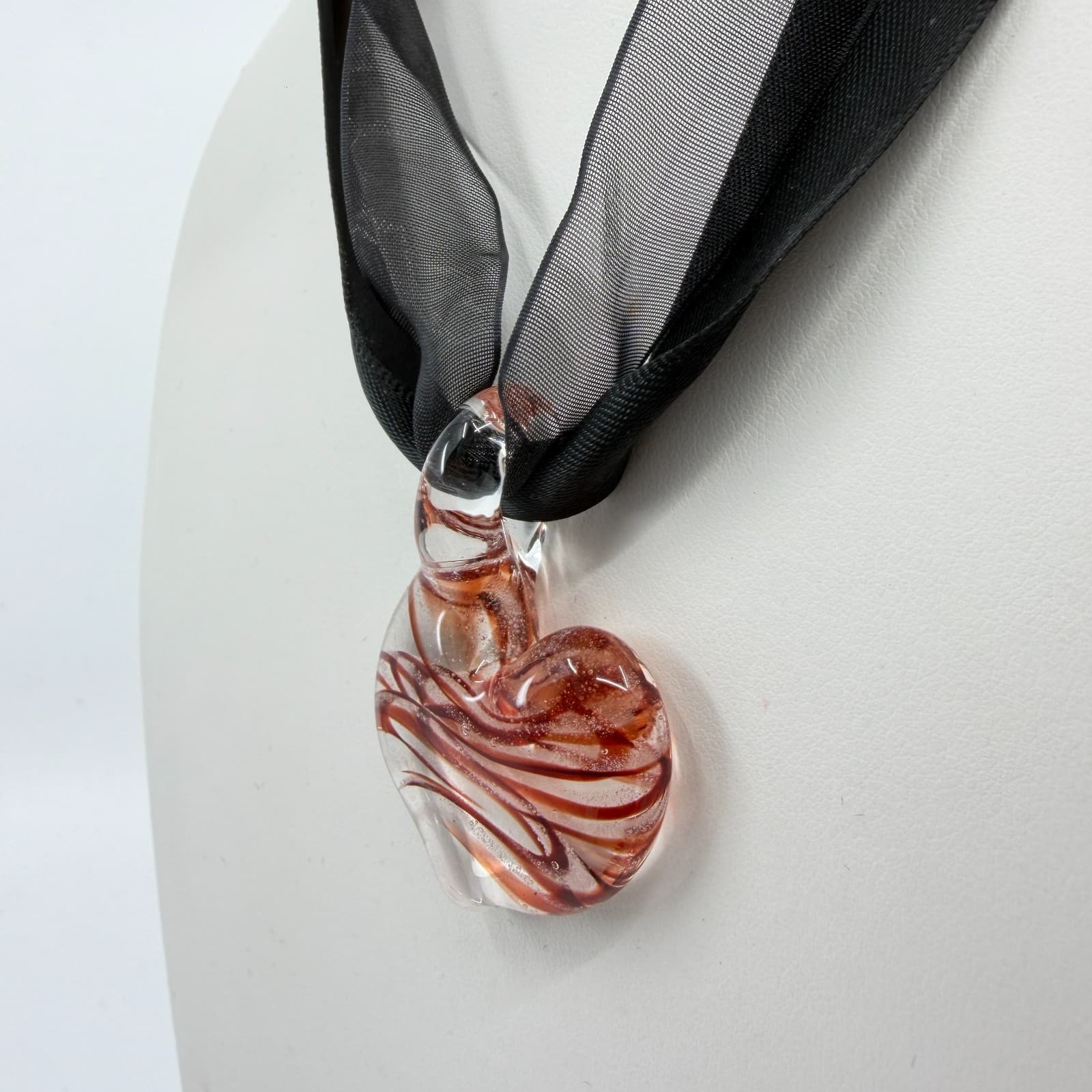 Handcrafted Glass Heart Pendant Necklace Black Ribbon Choker Statement Jewelry - Thumbnail 6