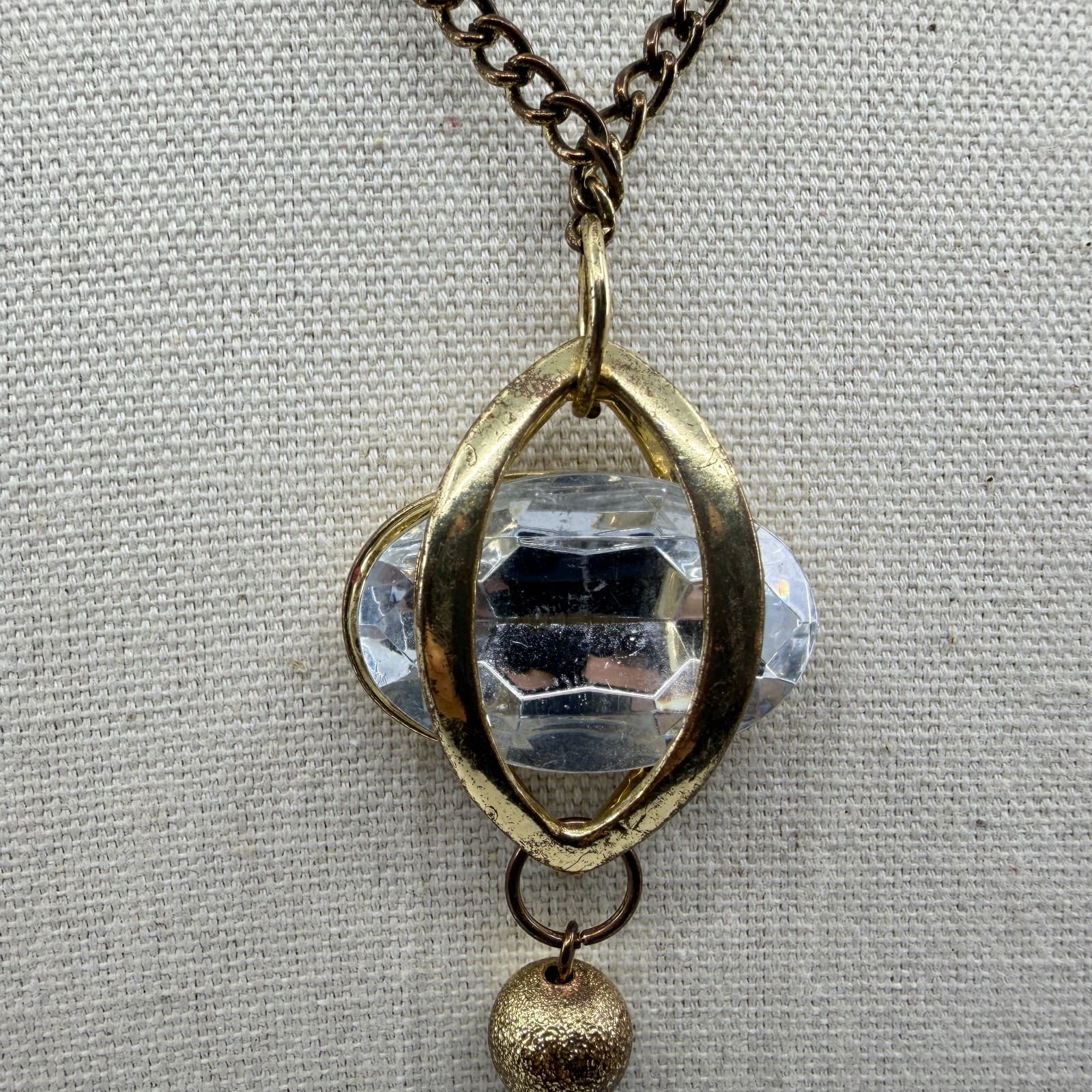 Gold Tone Statement Pendant Necklace Clear Crystal Cage Design With Tassel Charm - Thumbnail 8