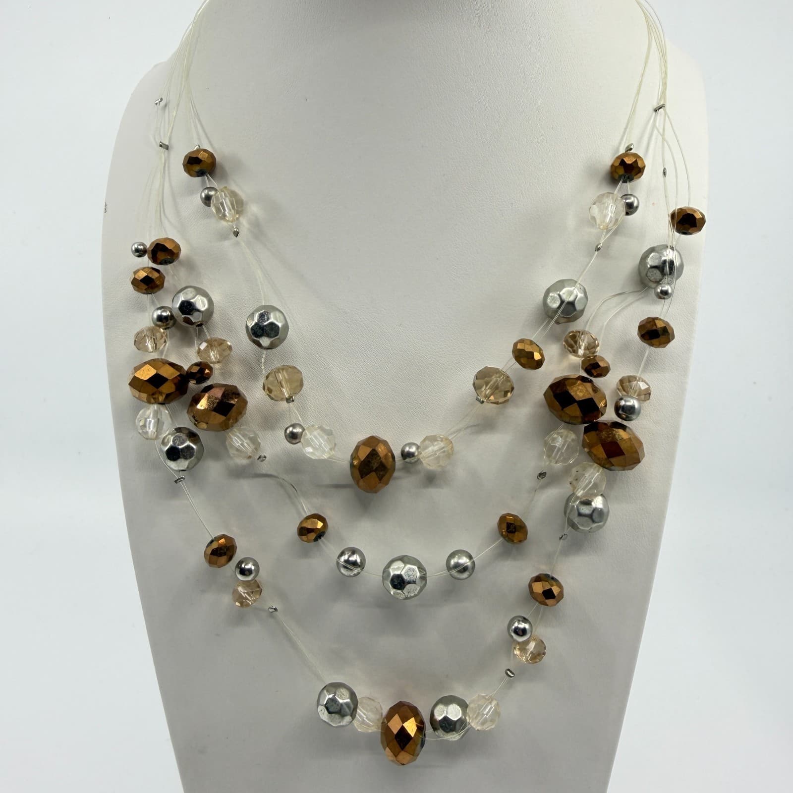 Multi Strand Beads Statement Necklace Bronze & Silver Tone Clear Crystal Layered - Thumbnail 8