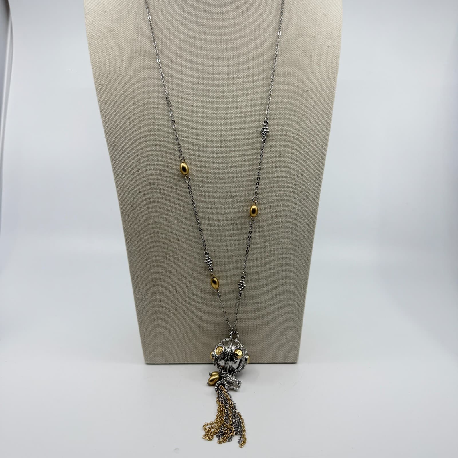 Two-Tone Statement Pendant Necklace Gold & Silver Tone Metallic Tassel Layering - Thumbnail 3