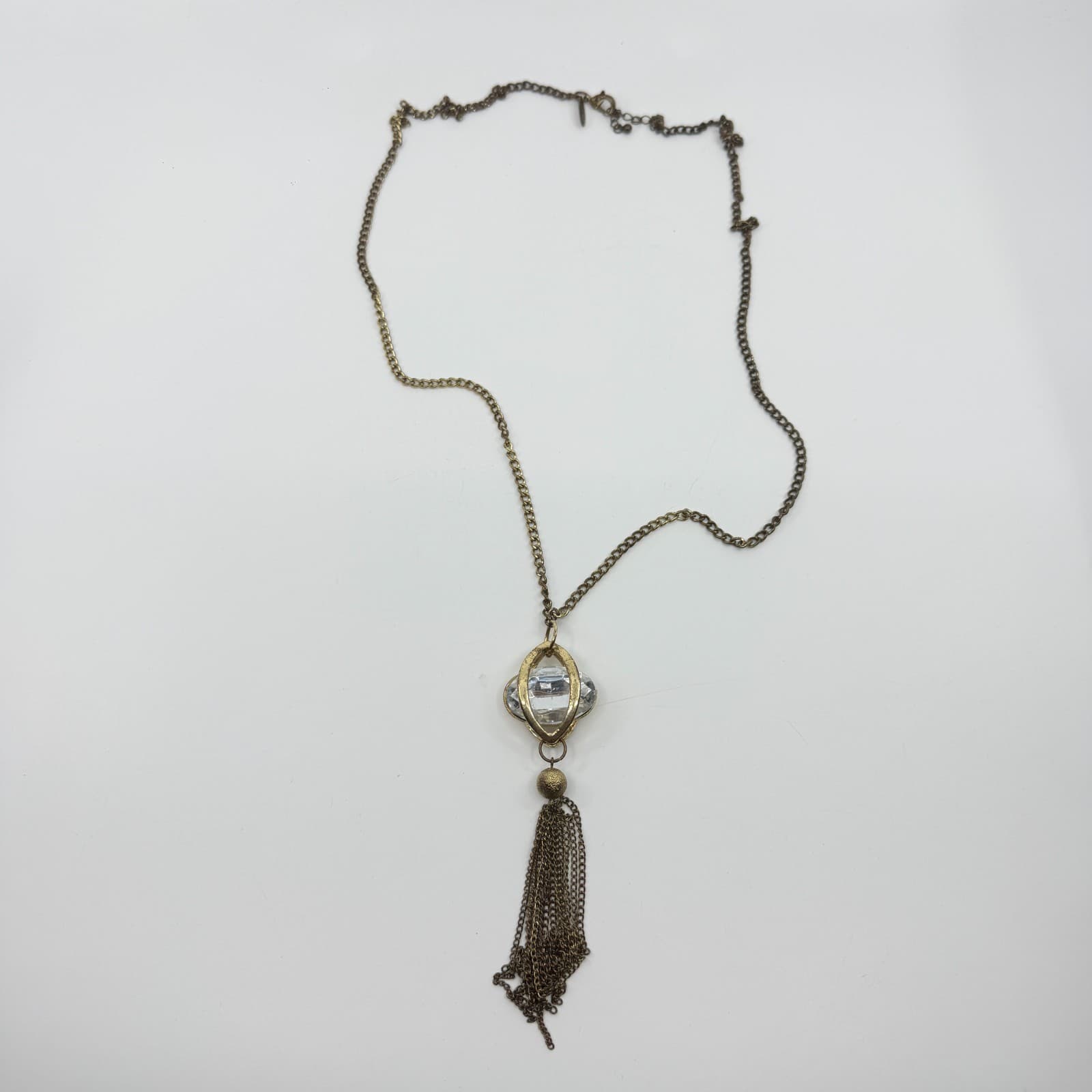 Gold Tone Statement Pendant Necklace Clear Crystal Cage Design With Tassel Charm - Thumbnail 11