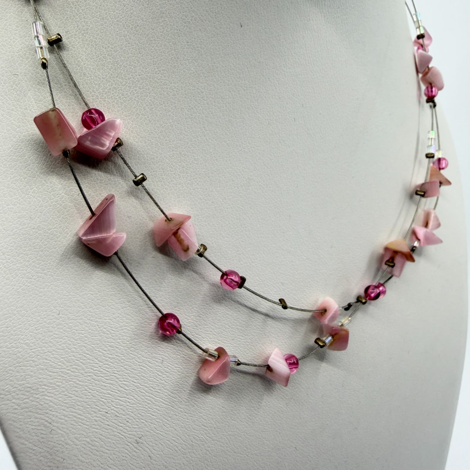 New York & Co. Layered Pink Bead Necklace Statement Floating Illusion Jewelry - Thumbnail 3