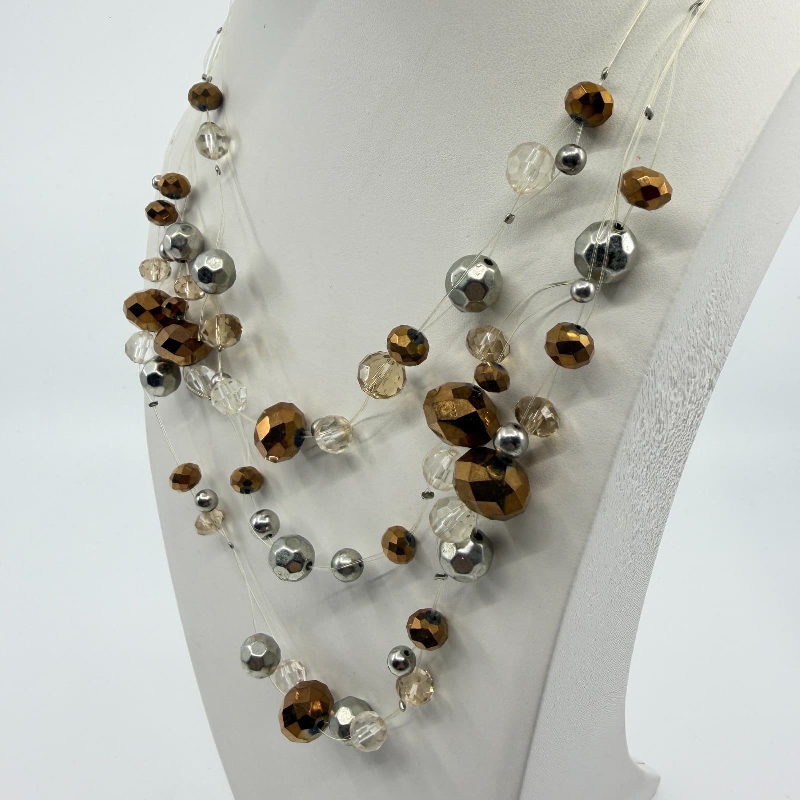 Multi Strand Beads Statement Necklace Bronze & Silver Tone Clear Crystal Layered - Thumbnail 6