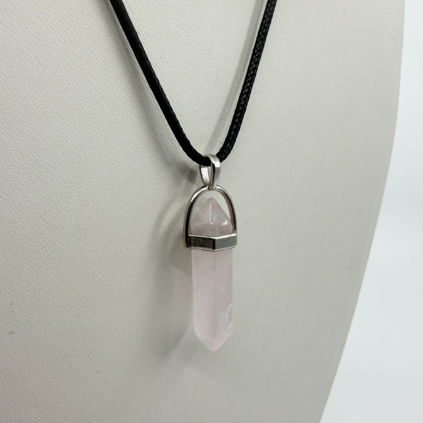 Minimalist Rose Quartz Point Pendant Necklace Black Cord Boho Crystal Jewelry - Thumbnail 3
