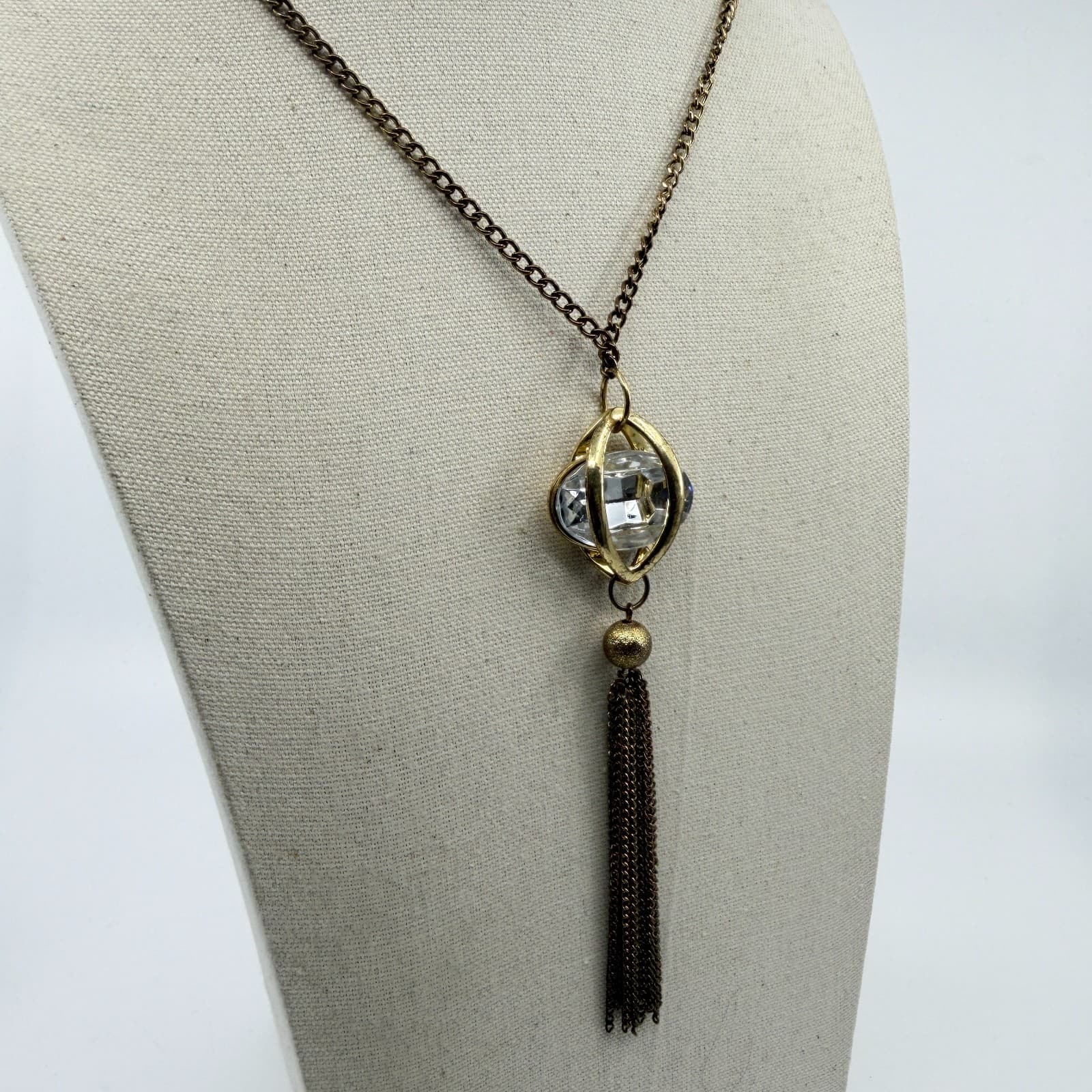 Gold Tone Statement Pendant Necklace Clear Crystal Cage Design With Tassel Charm - Thumbnail 10