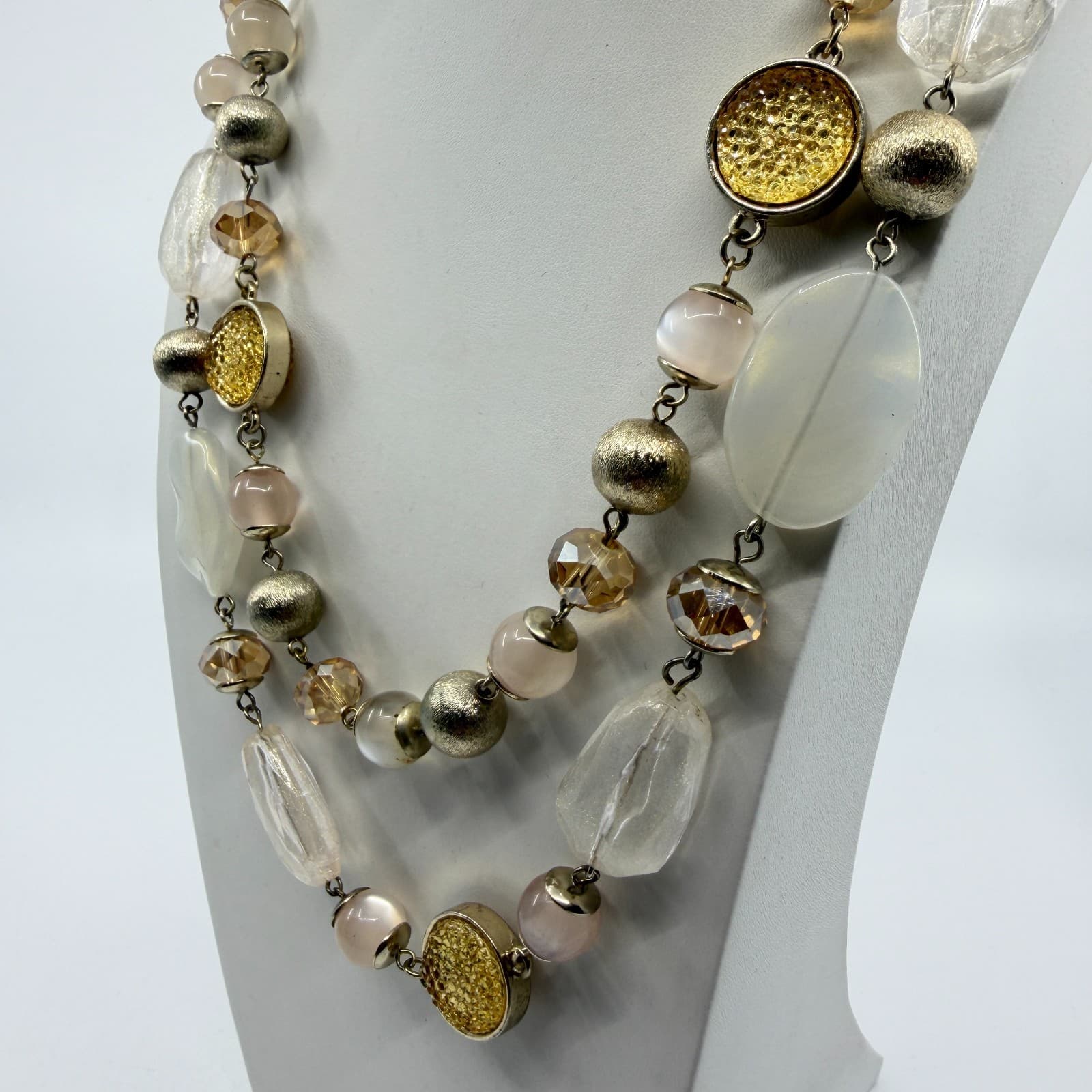 Ann Taylor Beaded Multi Strand Necklace Champagne Gold Tone Statement Boho Chic - Thumbnail 5