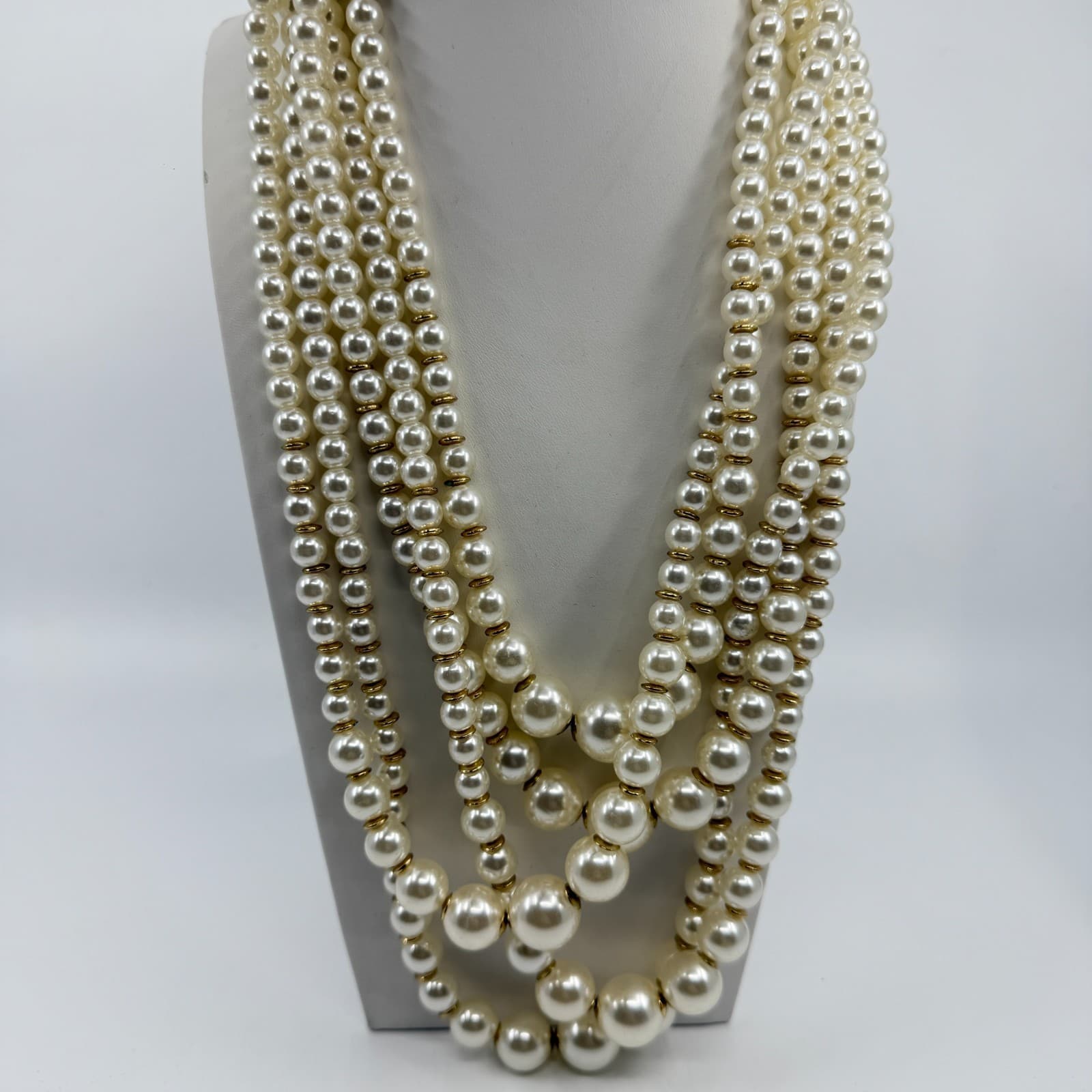Multi Strand Pearl Statement Necklace Gold Tone Layered Boho Wedding Gift Party - Thumbnail 7
