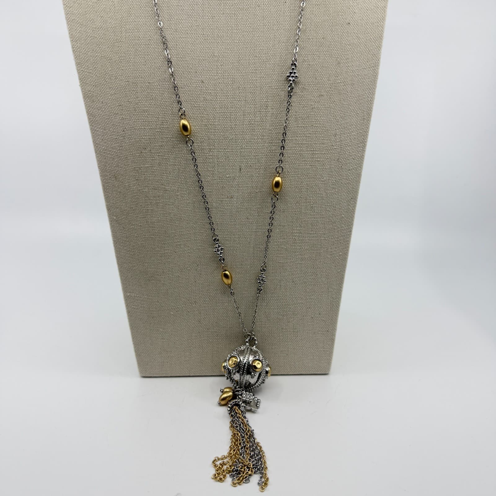 Two-Tone Statement Pendant Necklace Gold & Silver Tone Metallic Tassel Layering - Thumbnail 2