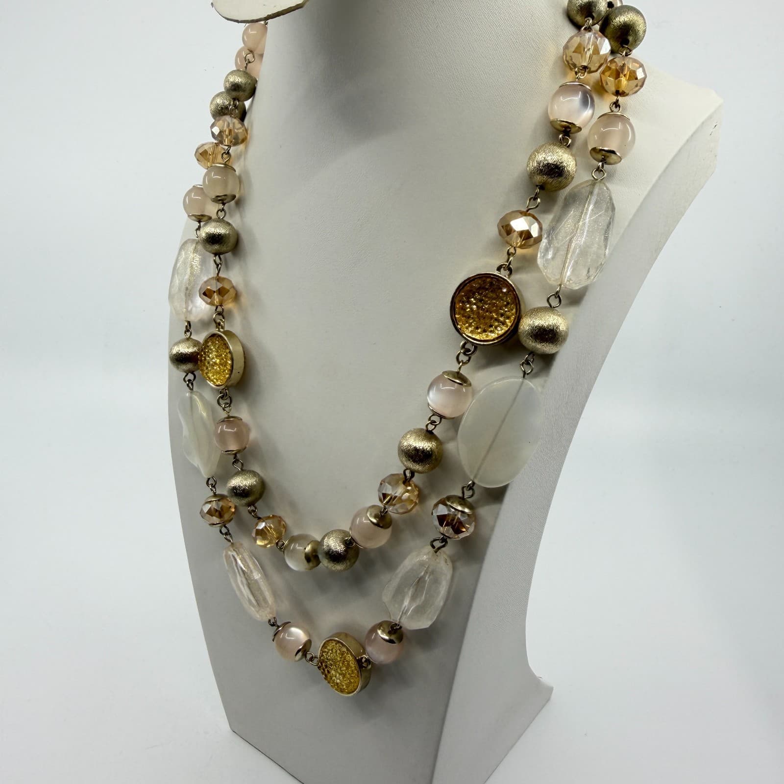 Ann Taylor Beaded Multi Strand Necklace Champagne Gold Tone Statement Boho Chic - Thumbnail 6