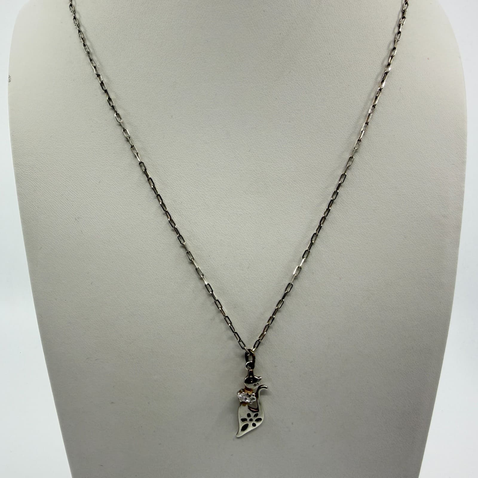 Whimsical Cat Pendant Necklace Silver Tone Cubic Zirconia Gift for Cat Lovers - Thumbnail 5