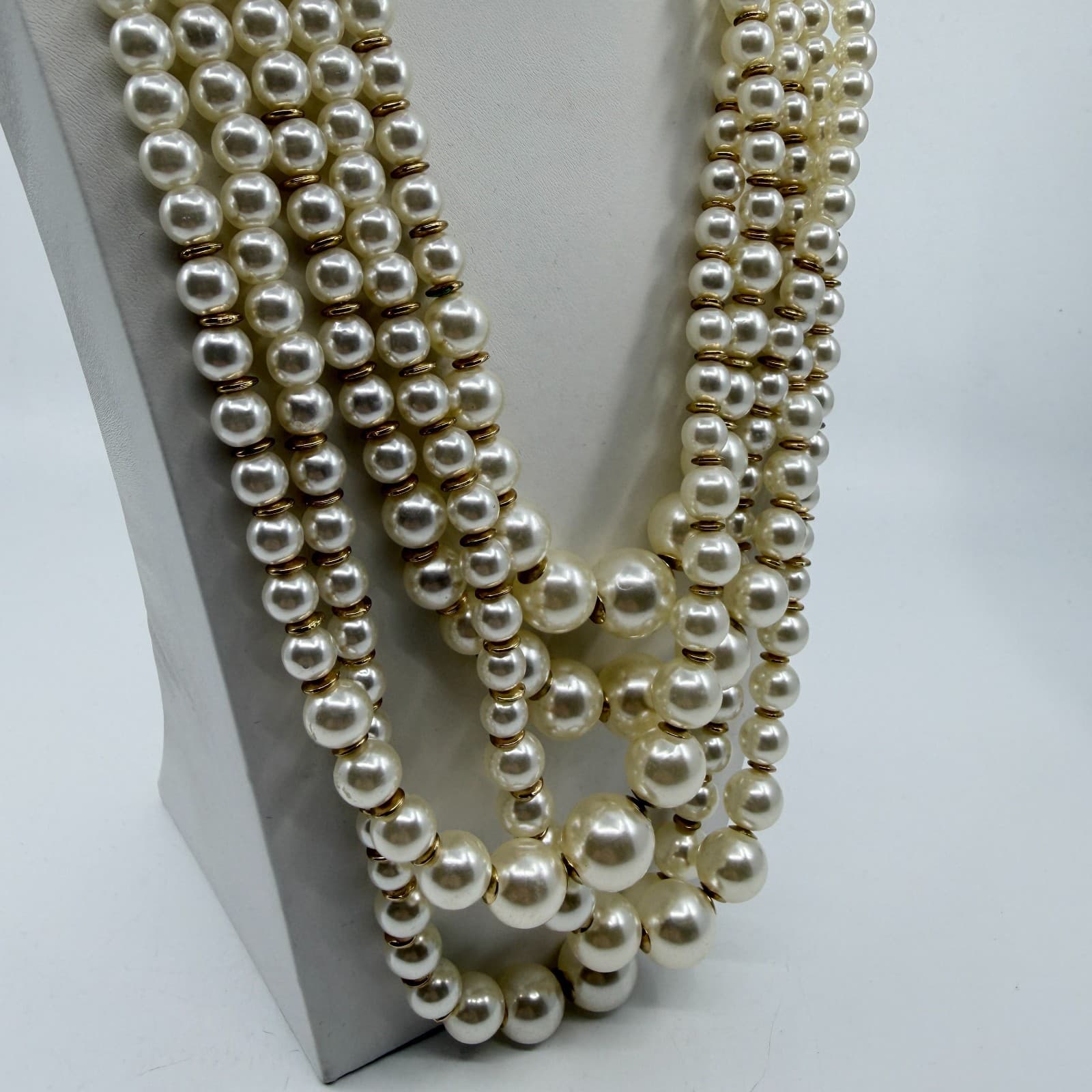 Multi Strand Pearl Statement Necklace Gold Tone Layered Boho Wedding Gift Party - Thumbnail 4