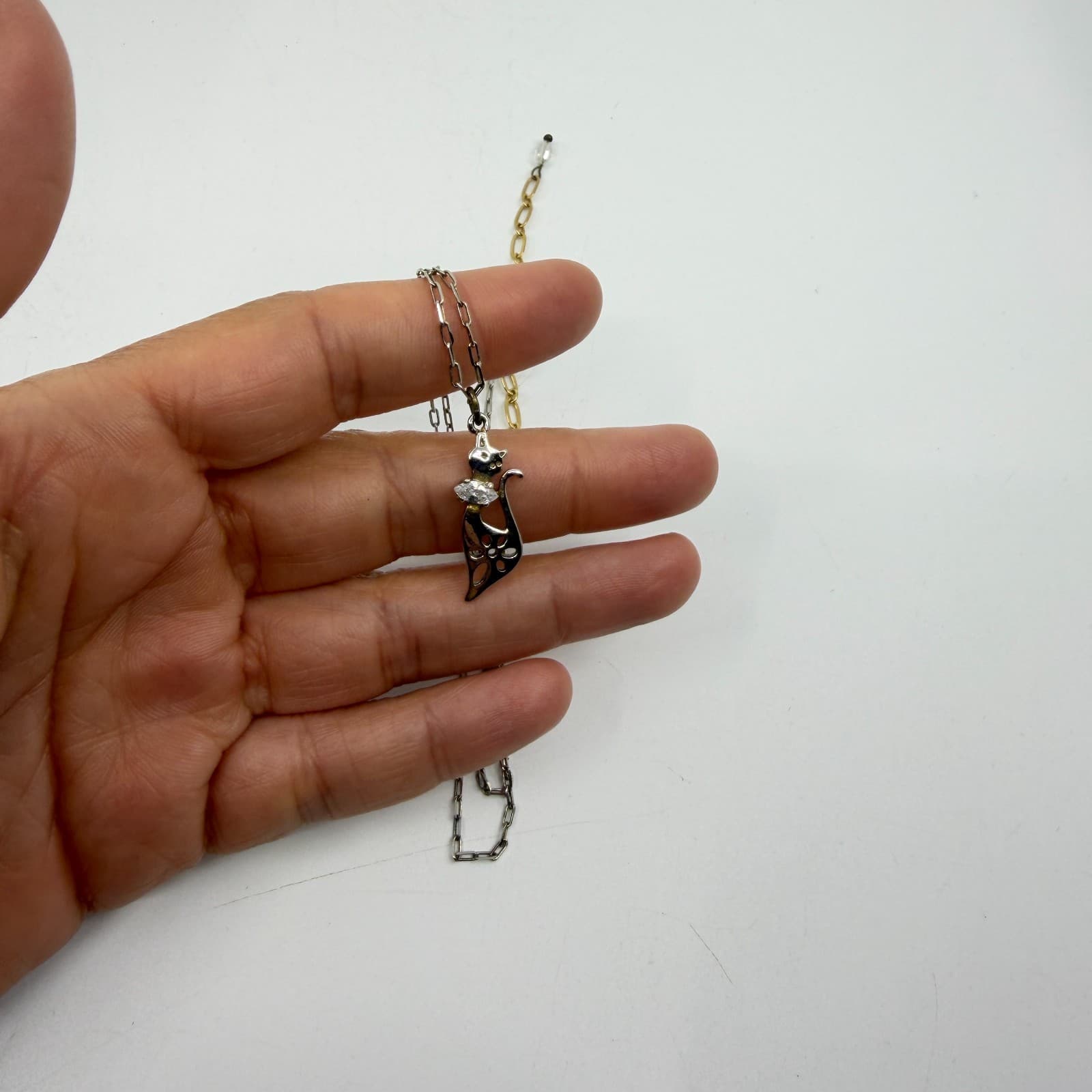 Whimsical Cat Pendant Necklace Silver Tone Cubic Zirconia Gift for Cat Lovers - Thumbnail 3
