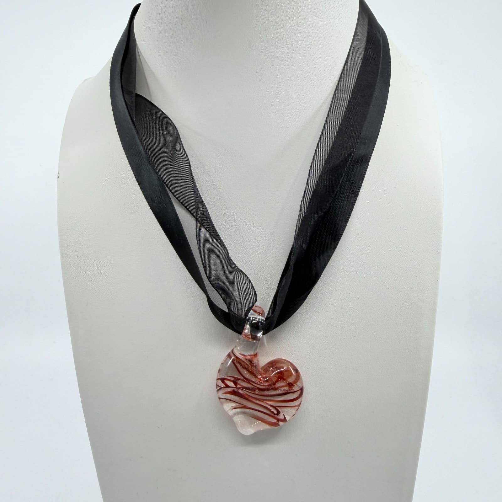 Handcrafted Glass Heart Pendant Necklace Black Ribbon Choker Statement Jewelry - Thumbnail 3