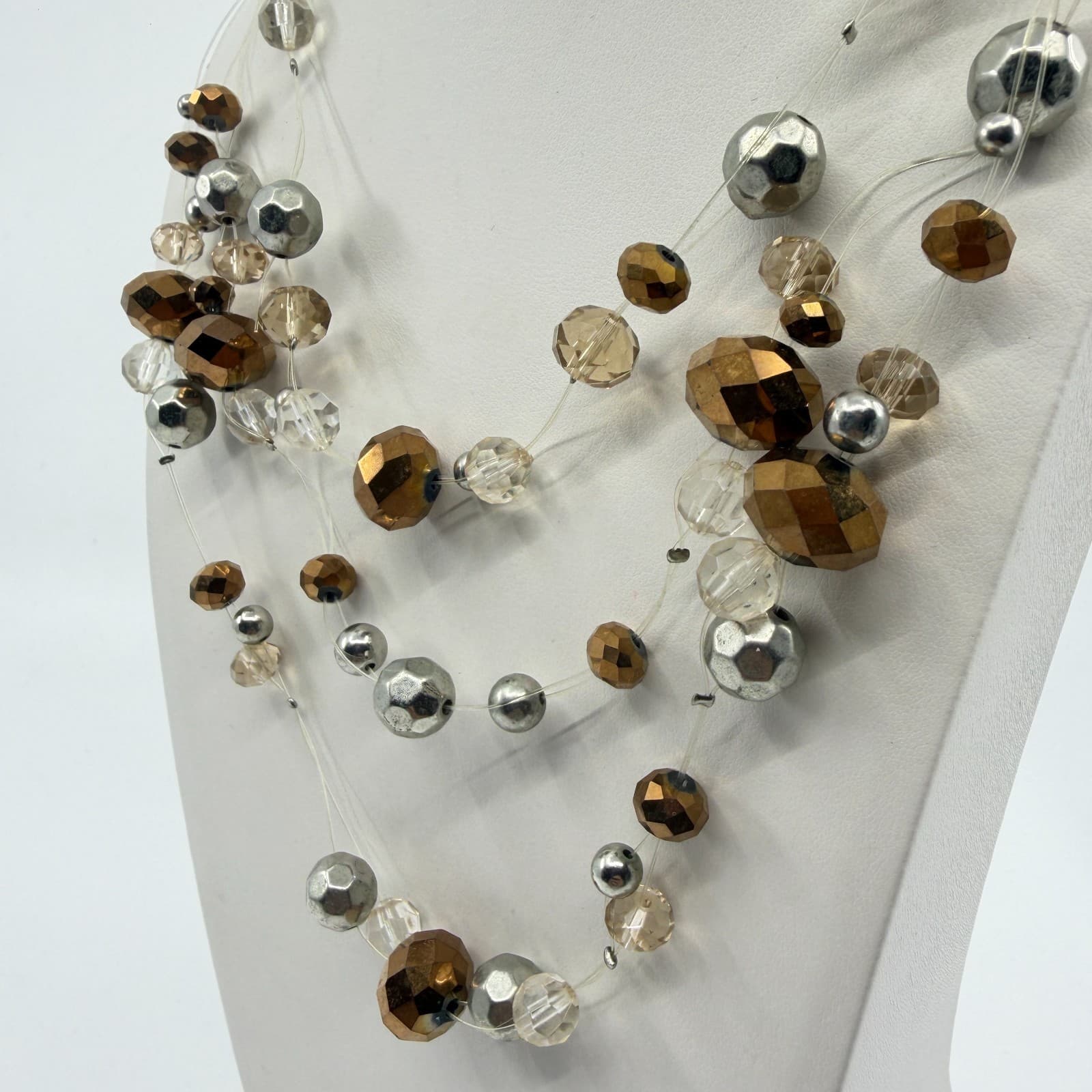 Multi Strand Beads Statement Necklace Bronze & Silver Tone Clear Crystal Layered - Thumbnail 5