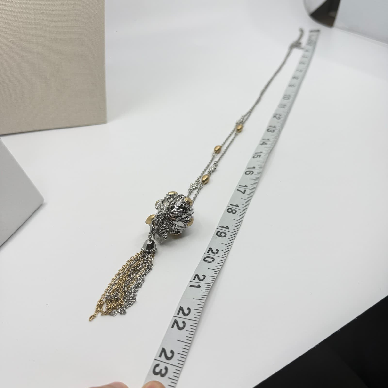 Two-Tone Statement Pendant Necklace Gold & Silver Tone Metallic Tassel Layering - Thumbnail 8