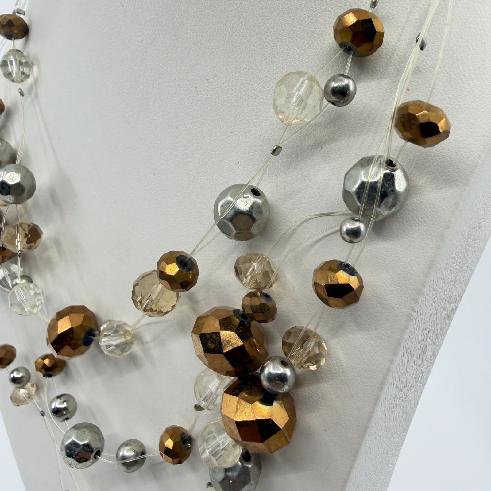 Multi Strand Beads Statement Necklace Bronze & Silver Tone Clear Crystal Layered - Thumbnail 7
