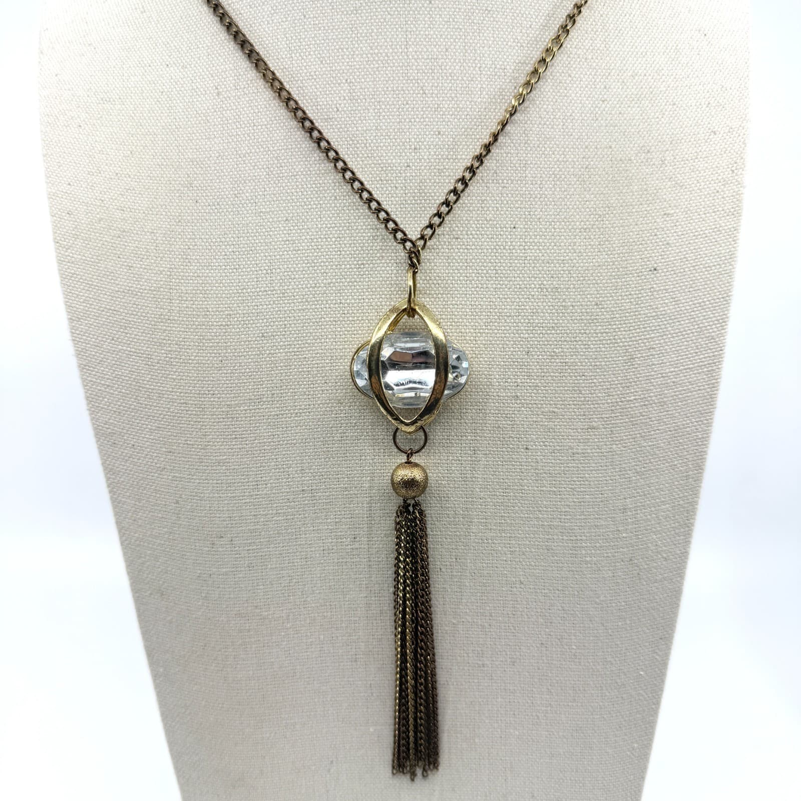 Gold Tone Statement Pendant Necklace Clear Crystal Cage Design With Tassel Charm - Thumbnail 2