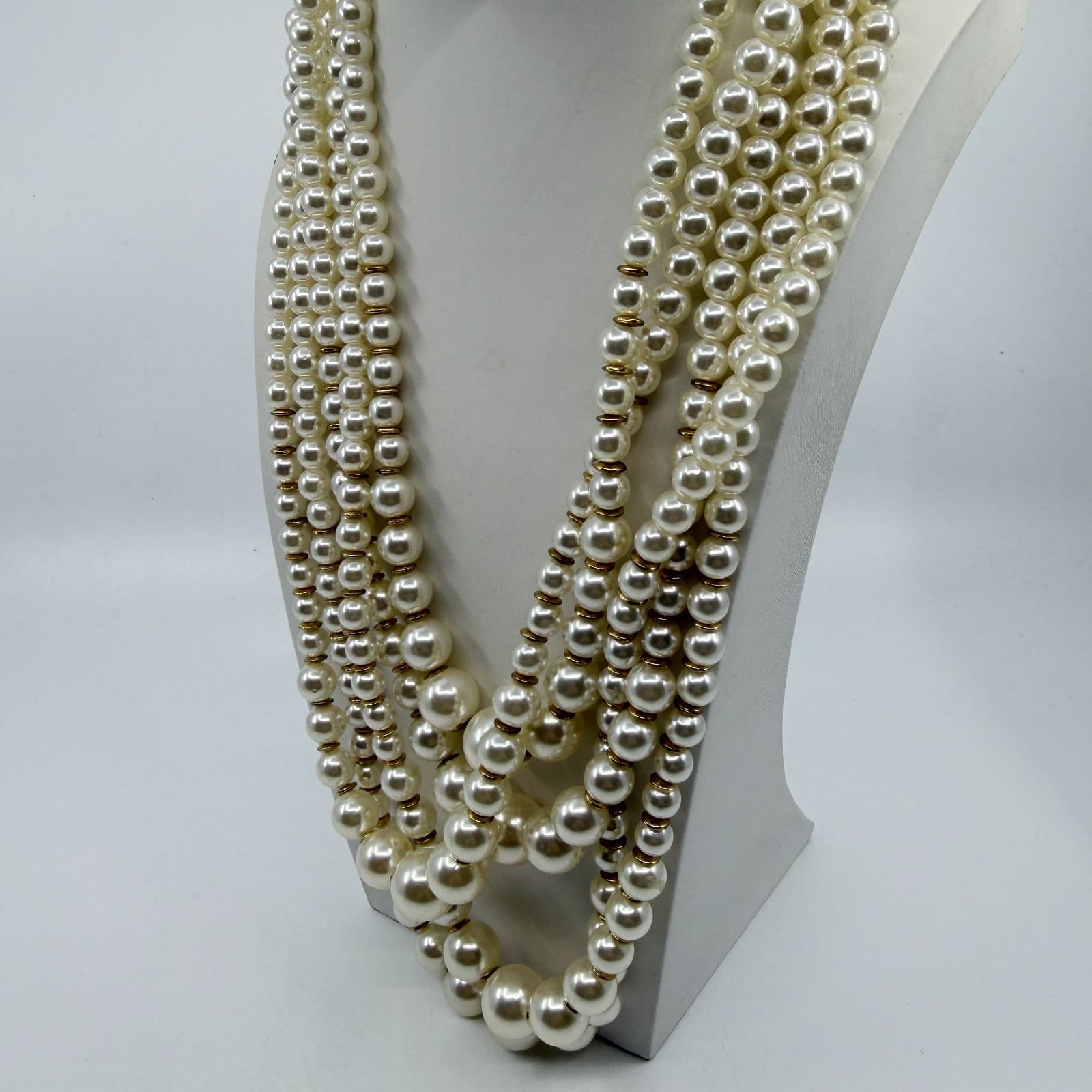 Multi Strand Pearl Statement Necklace Gold Tone Layered Boho Wedding Gift Party - Thumbnail 6