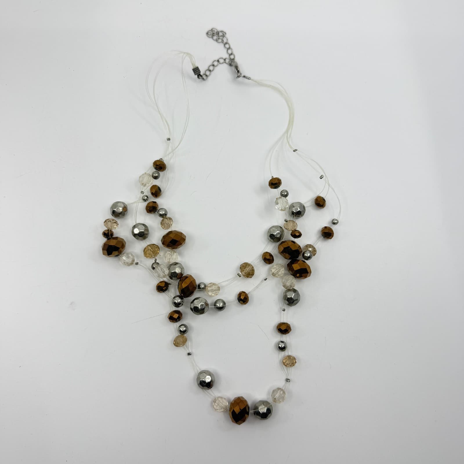 Multi Strand Beads Statement Necklace Bronze & Silver Tone Clear Crystal Layered - Thumbnail 10