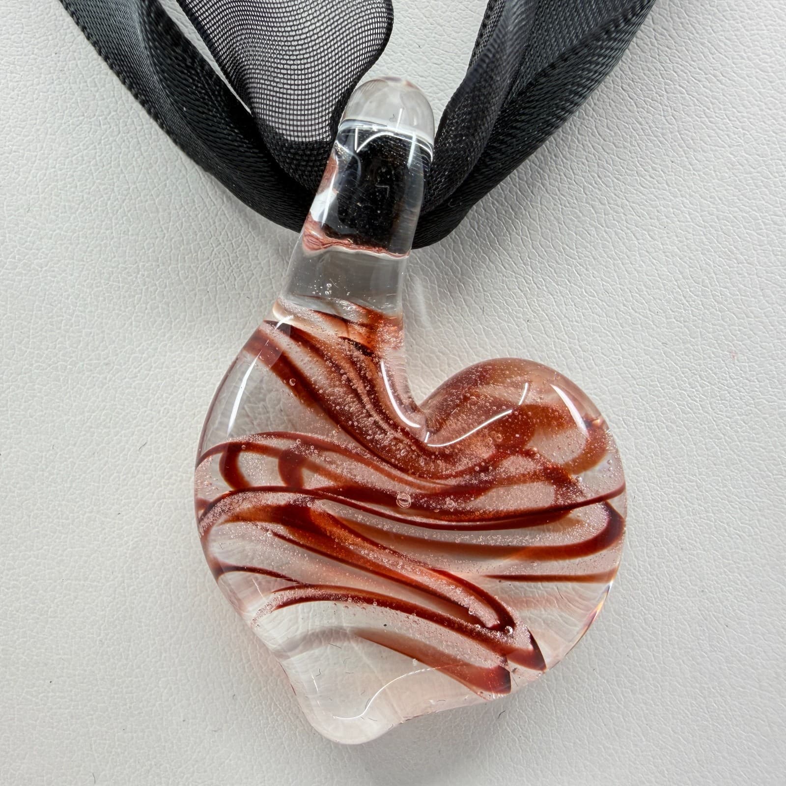 Handcrafted Glass Heart Pendant Necklace Black Ribbon Choker Statement Jewelry - Thumbnail 4