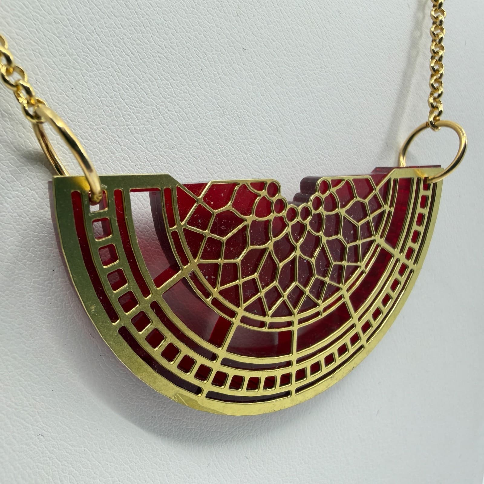 Y2K Gold Tone Semi Circle Pendant Necklace Red Statement Unique Minimalist Gift - Thumbnail 3
