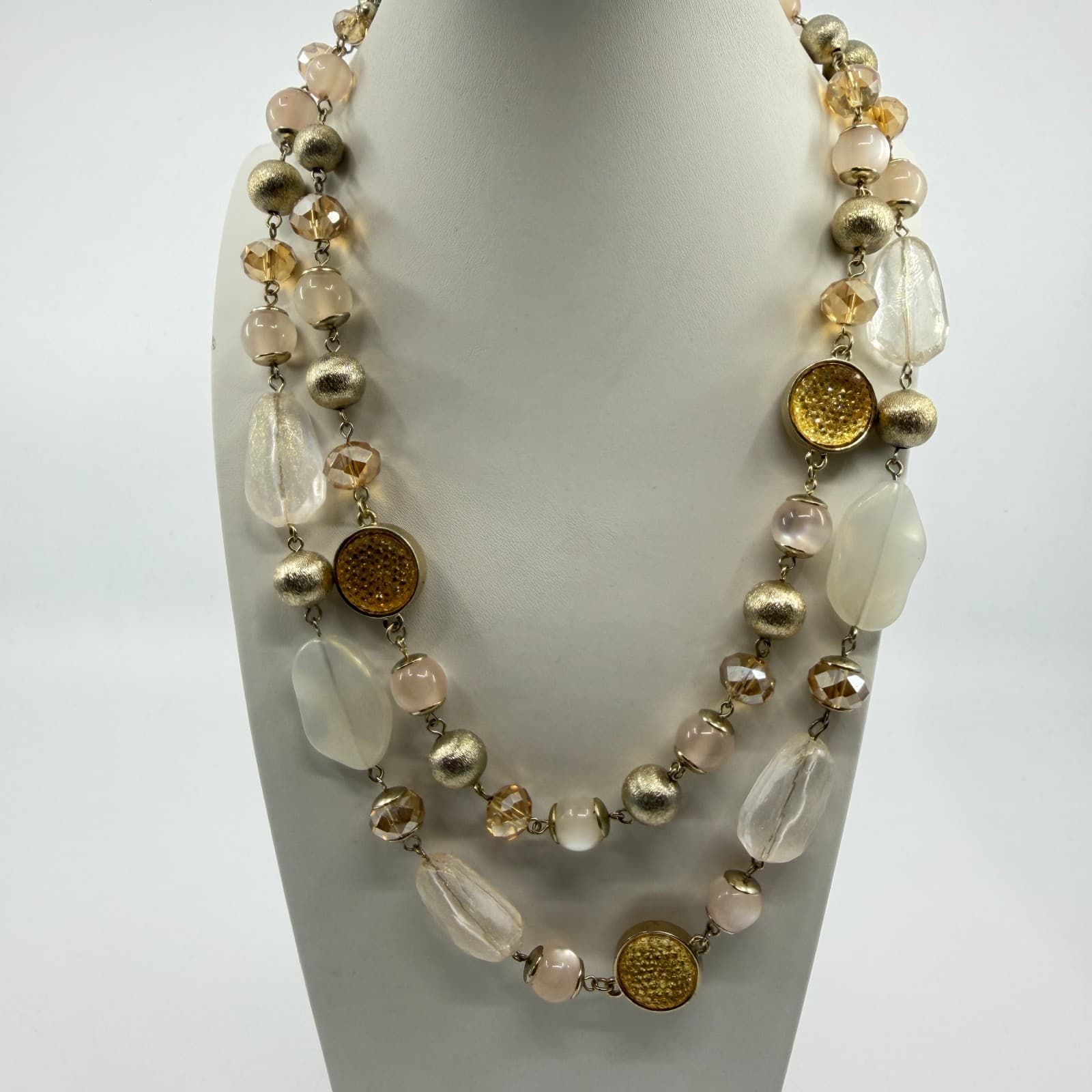 Ann Taylor Beaded Multi Strand Necklace Champagne Gold Tone Statement Boho Chic - Thumbnail 7