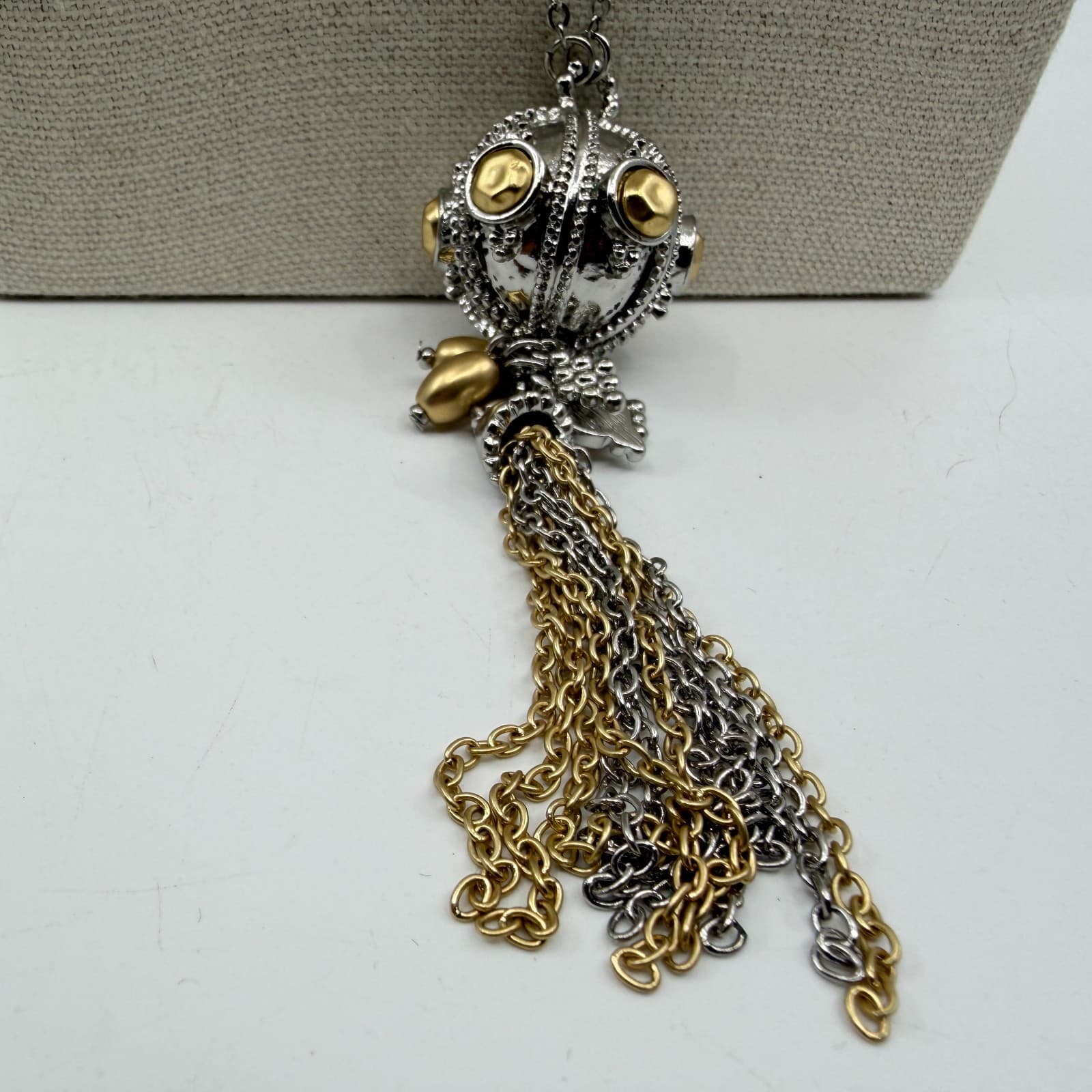 Two-Tone Statement Pendant Necklace Gold & Silver Tone Metallic Tassel Layering - Thumbnail 4