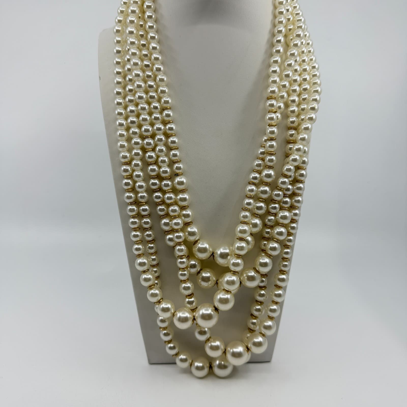 Multi Strand Pearl Statement Necklace Gold Tone Layered Boho Wedding Gift Party - Thumbnail 2