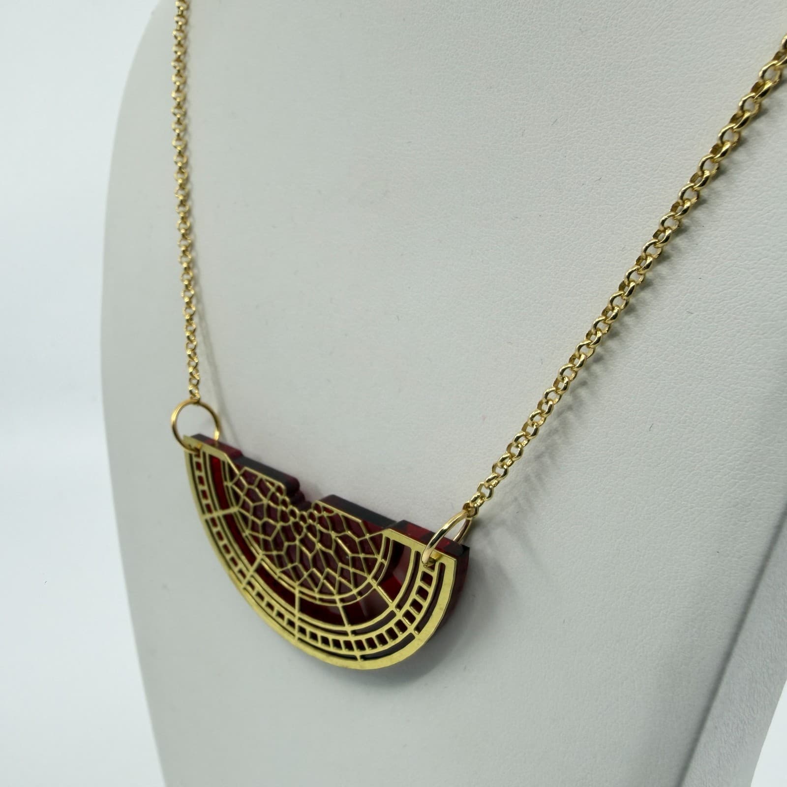 Y2K Gold Tone Semi Circle Pendant Necklace Red Statement Unique Minimalist Gift - Thumbnail 4
