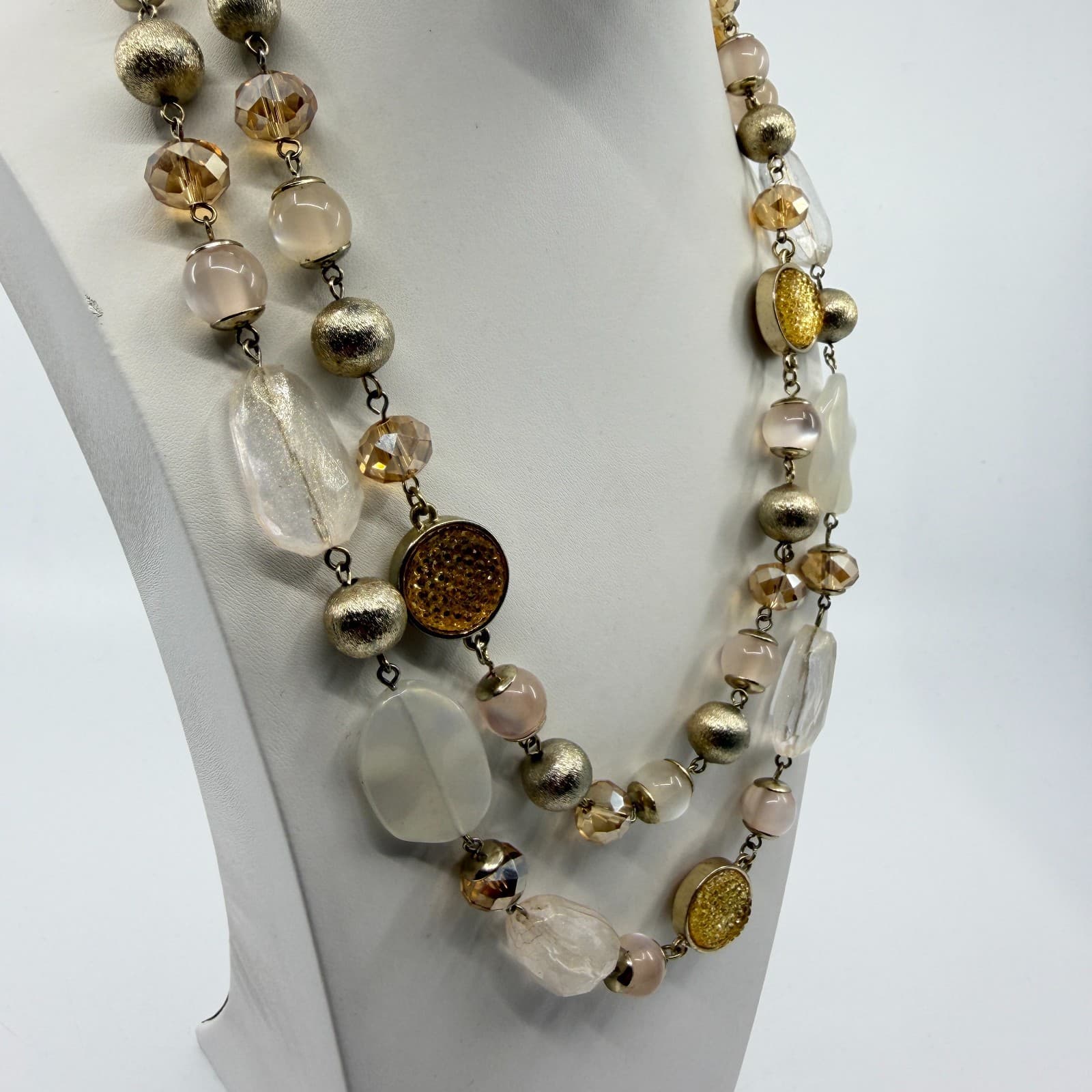 Ann Taylor Beaded Multi Strand Necklace Champagne Gold Tone Statement Boho Chic - Thumbnail 4