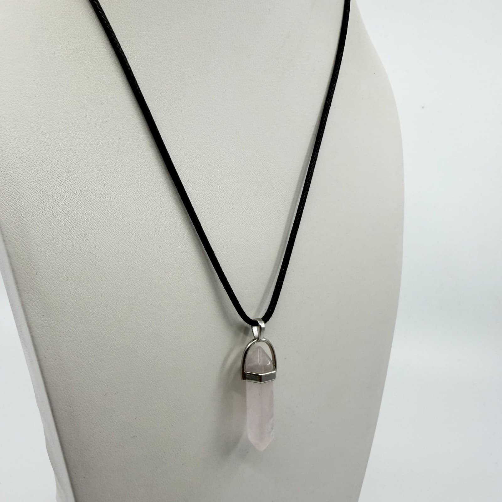 Minimalist Rose Quartz Point Pendant Necklace Black Cord Boho Crystal Jewelry - Thumbnail 4