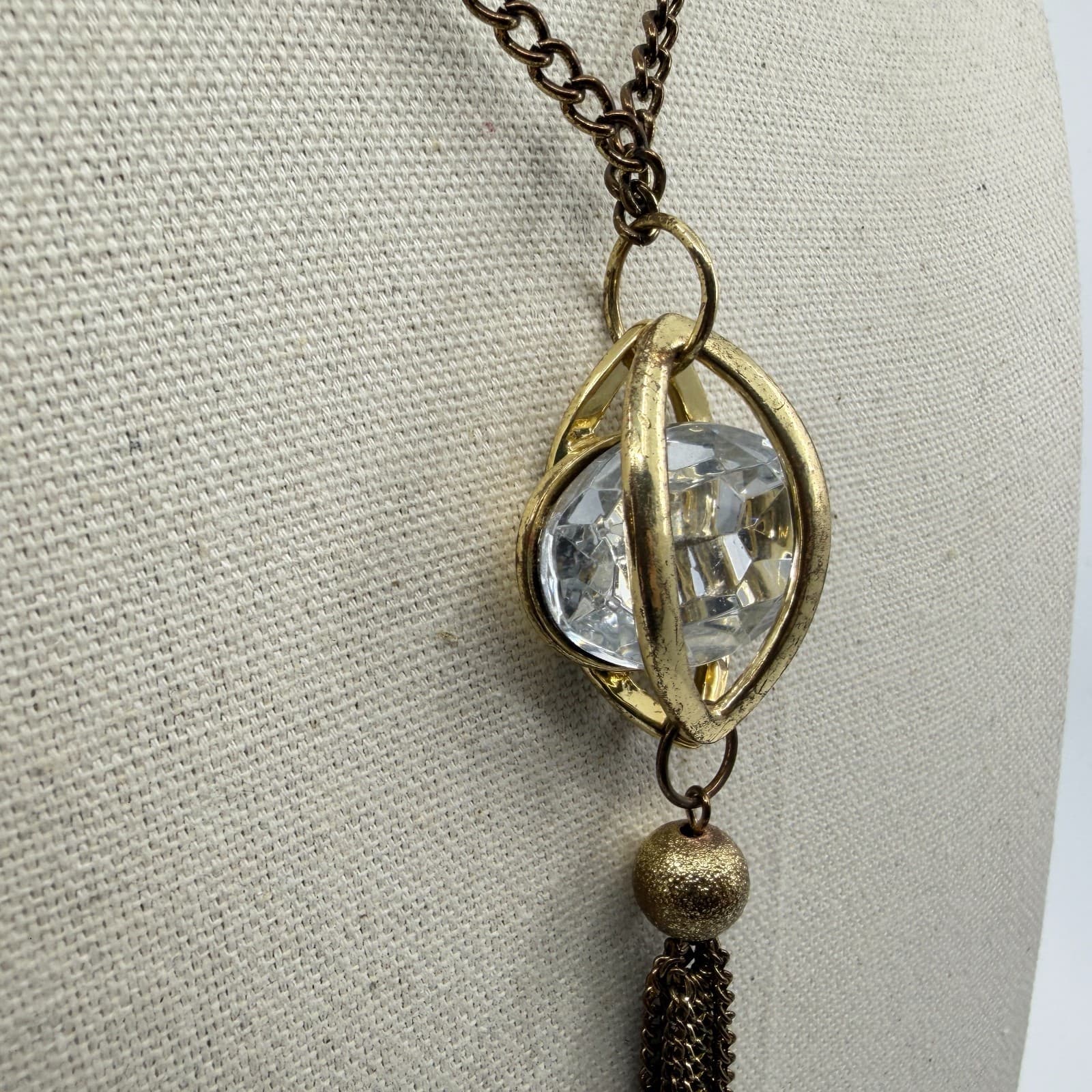 Gold Tone Statement Pendant Necklace Clear Crystal Cage Design With Tassel Charm - Thumbnail 9