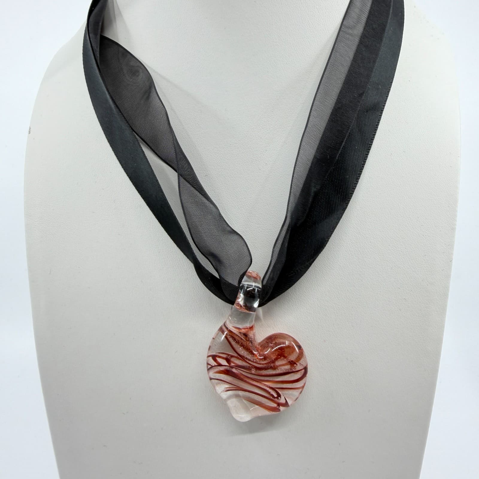 Handcrafted Glass Heart Pendant Necklace Black Ribbon Choker Statement Jewelry - Thumbnail 7