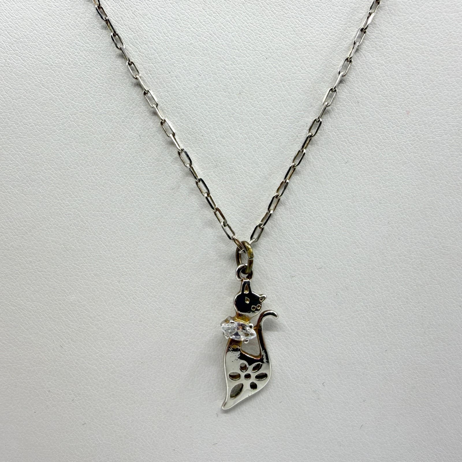 Whimsical Cat Pendant Necklace Silver Tone Cubic Zirconia Gift for Cat Lovers - Thumbnail 2