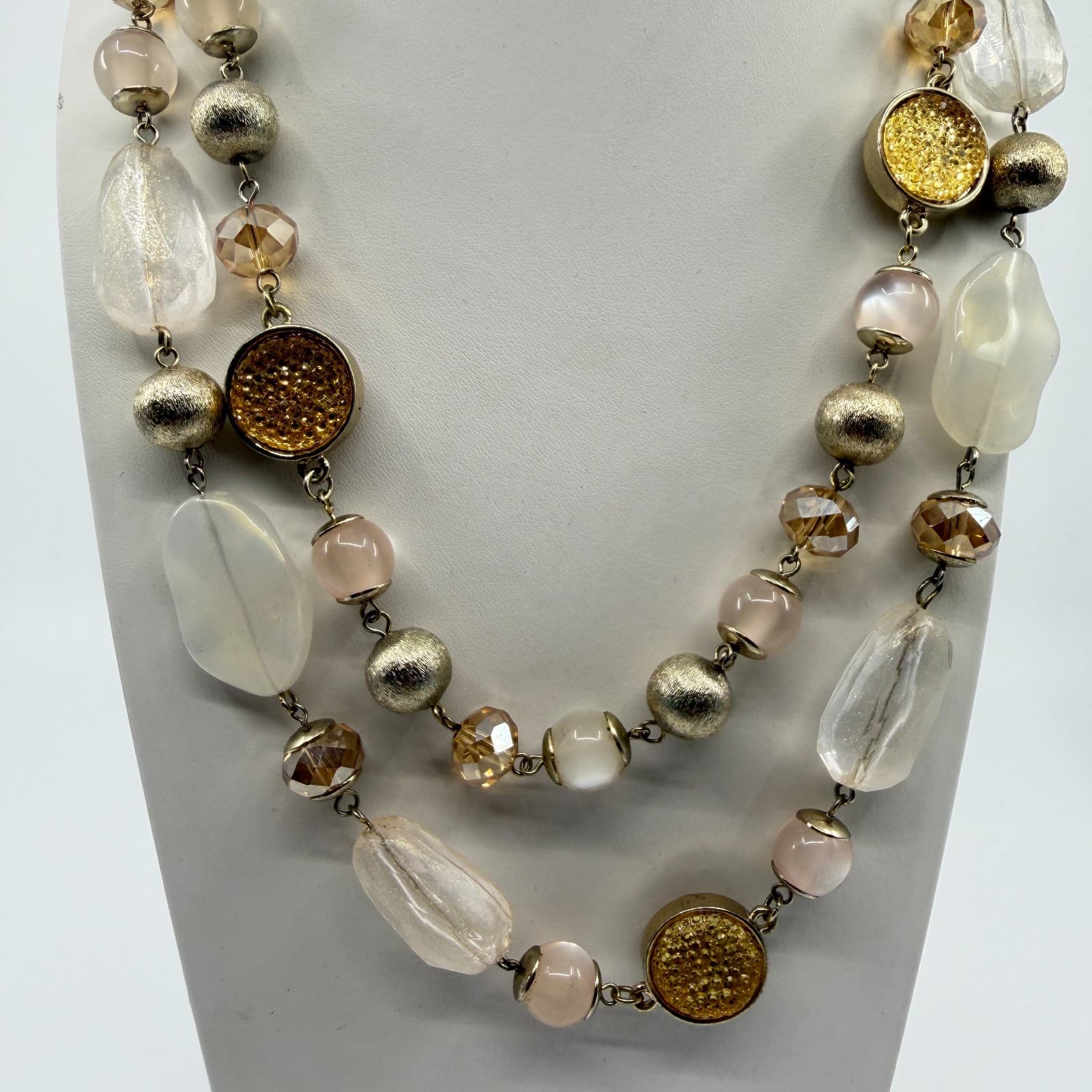 Ann Taylor Beaded Multi Strand Necklace Champagne Gold Tone Statement Boho Chic - Thumbnail 2