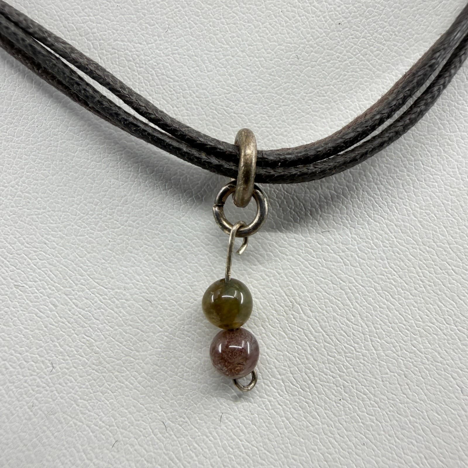 Minimalist Cord Necklace Brown Strands With Tiny Earth Tone Beaded Pendant Charm - Thumbnail 2