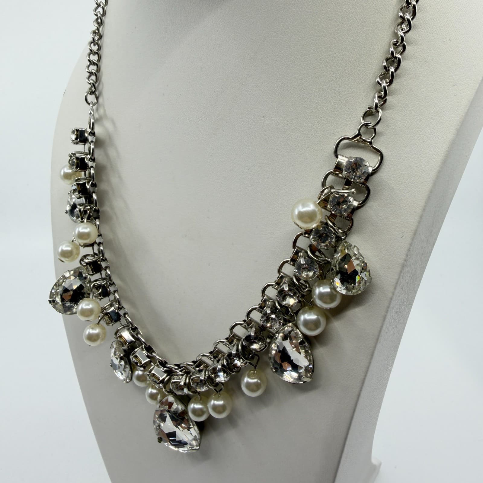 Glamorous Statement Necklace Clear Crystal Teardrop Faux Pearl Silver Tone Party - Thumbnail 5