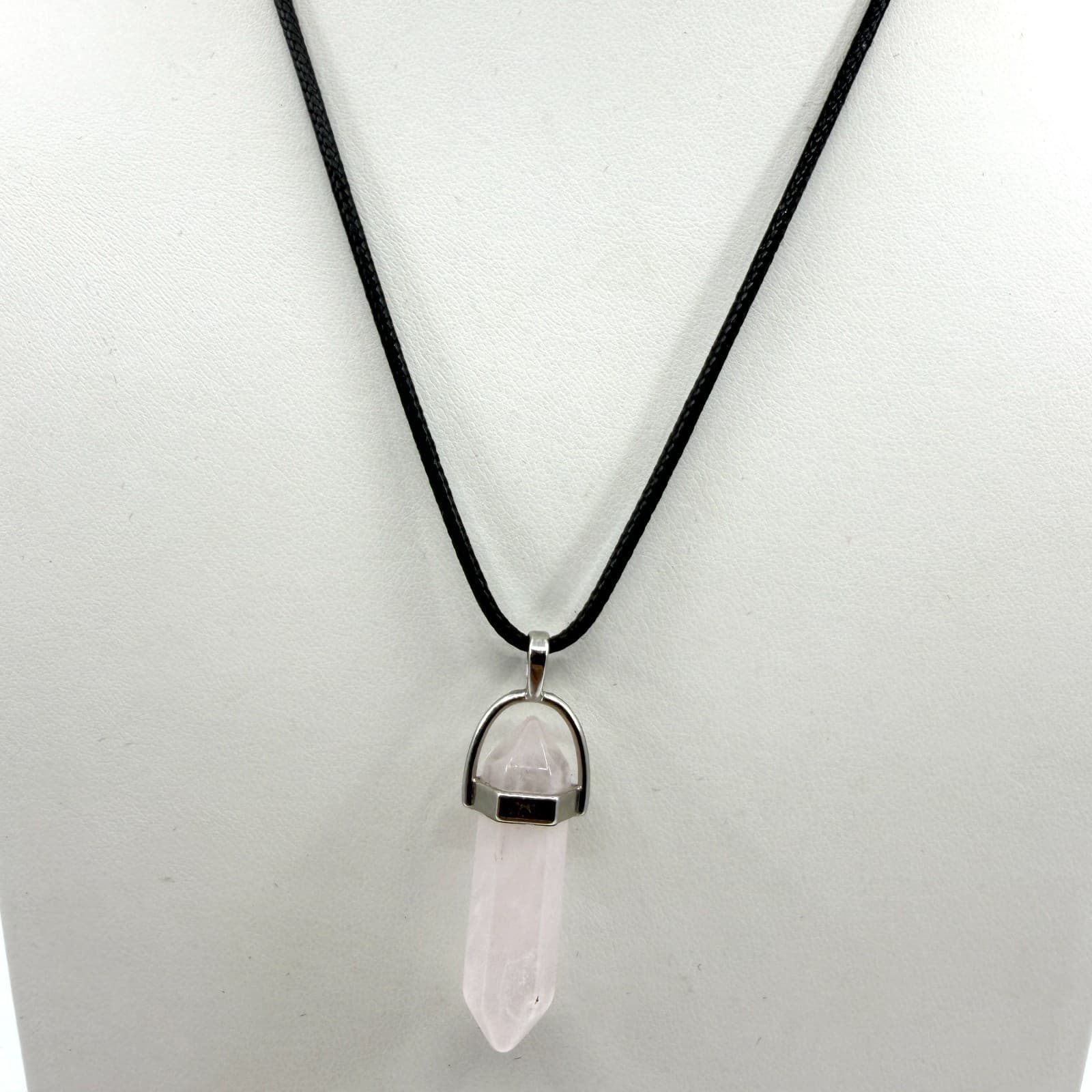 Minimalist Rose Quartz Point Pendant Necklace Black Cord Boho Crystal Jewelry - Thumbnail 2