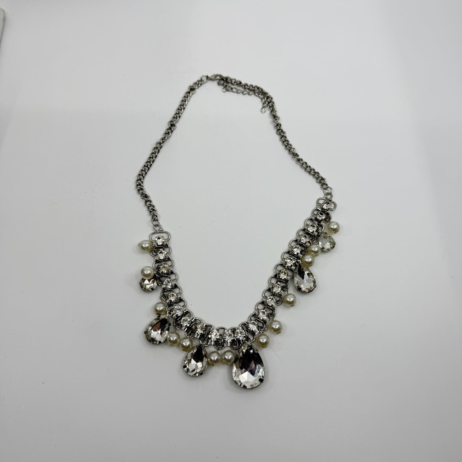 Glamorous Statement Necklace Clear Crystal Teardrop Faux Pearl Silver Tone Party - Thumbnail 12