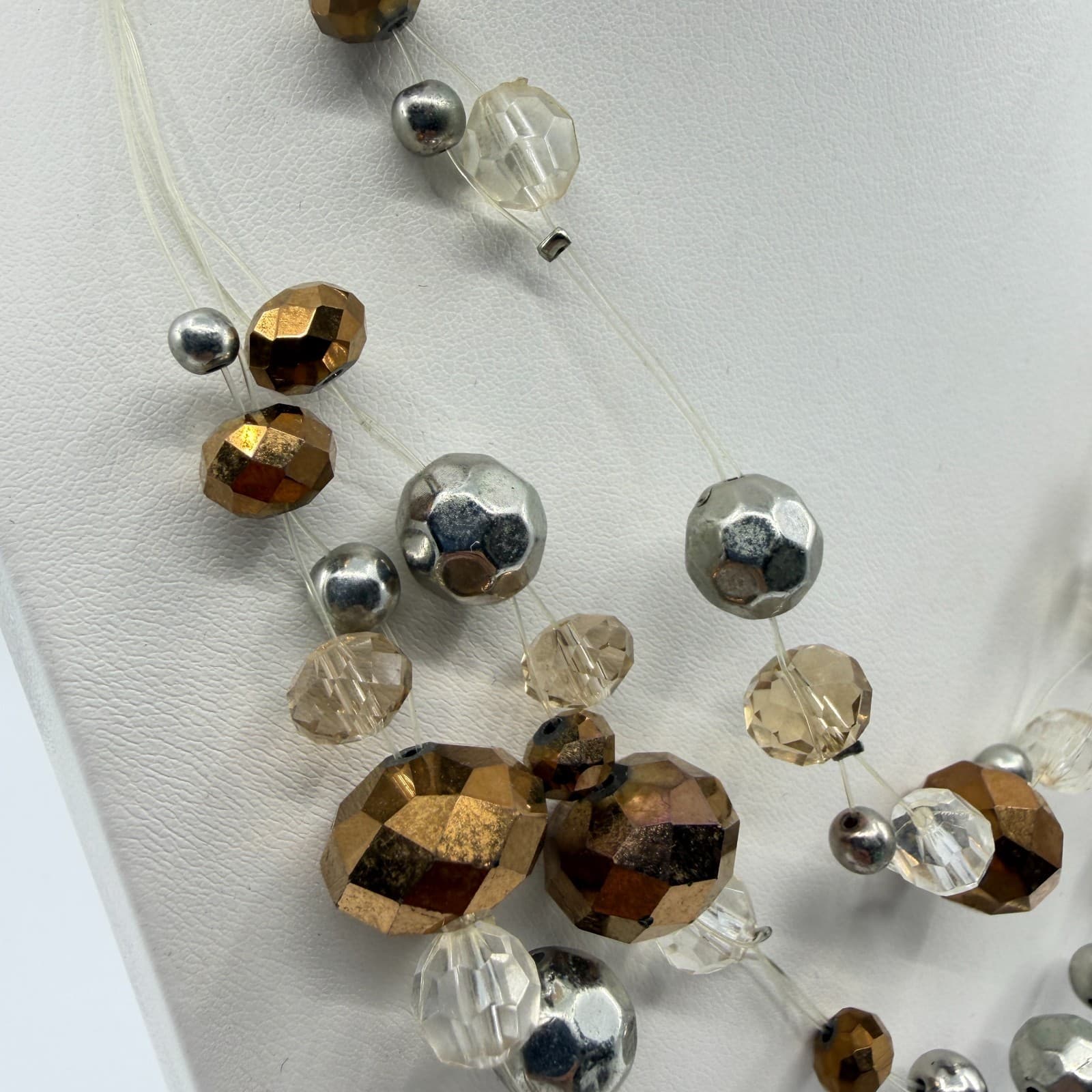 Multi Strand Beads Statement Necklace Bronze & Silver Tone Clear Crystal Layered - Thumbnail 3