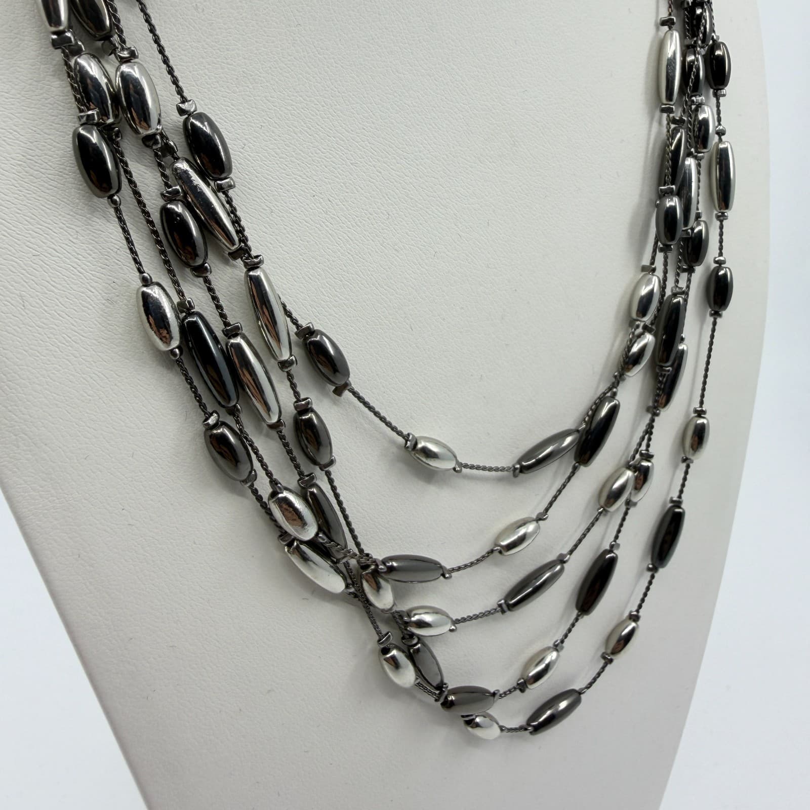 Multi-Strand Floating Metallic Bead Statement Necklace Layer Gunmetal Gray Chic - Thumbnail 3