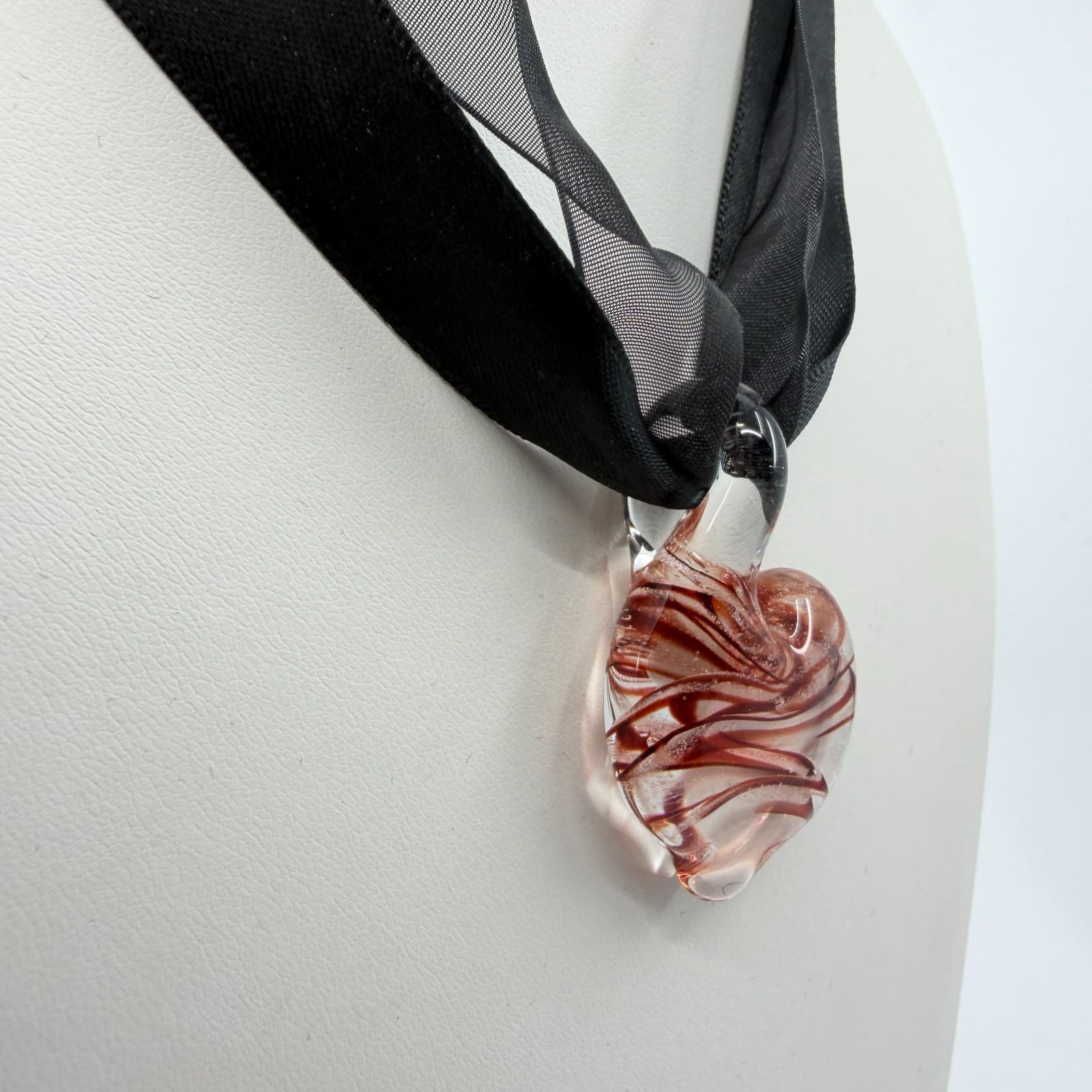 Handcrafted Glass Heart Pendant Necklace Black Ribbon Choker Statement Jewelry - Thumbnail 5