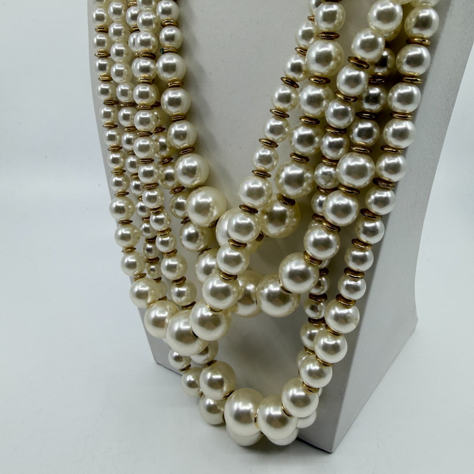 Multi Strand Pearl Statement Necklace Gold Tone Layered Boho Wedding Gift Party - Thumbnail 5