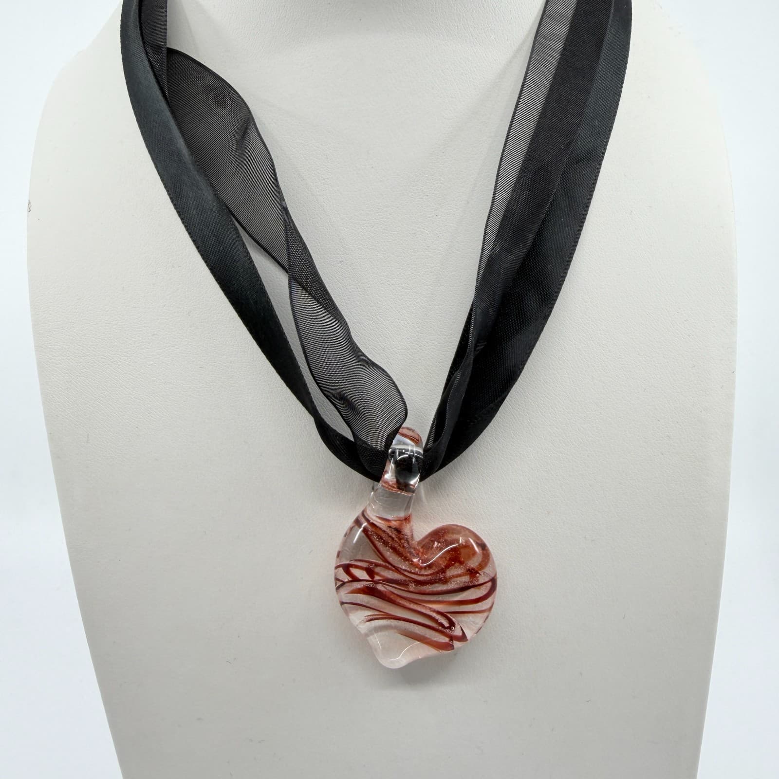 Handcrafted Glass Heart Pendant Necklace Black Ribbon Choker Statement Jewelry - Thumbnail 2