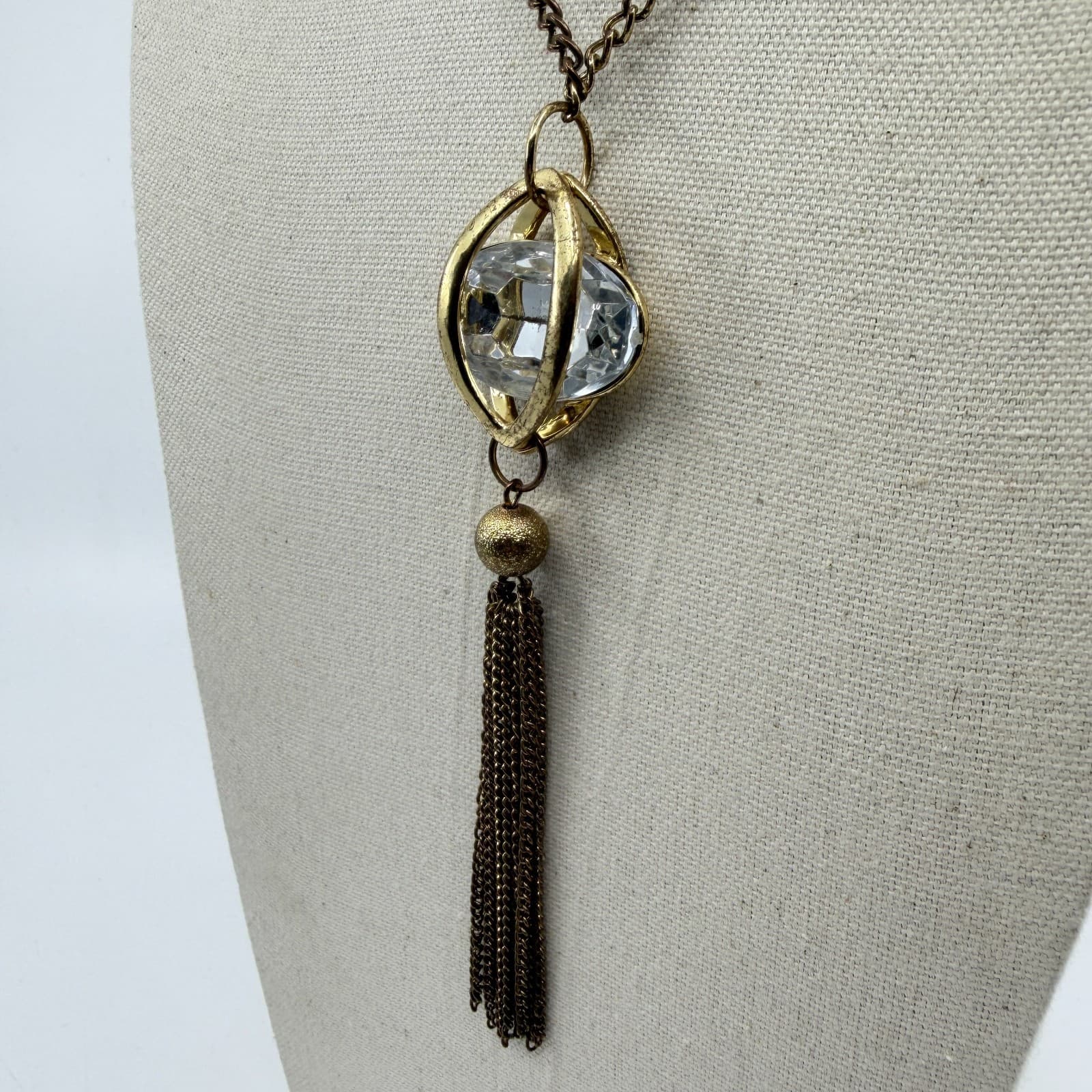 Gold Tone Statement Pendant Necklace Clear Crystal Cage Design With Tassel Charm - Thumbnail 5