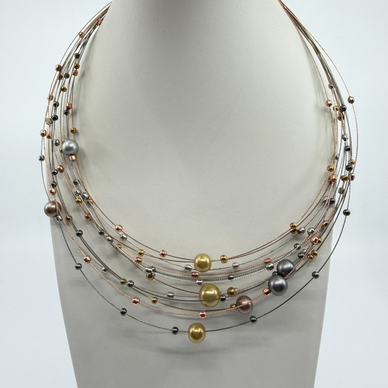 Multi Strand Wire Necklace Mixed Metallic Beads Statement Layered Jewelry Gift - Thumbnail 7