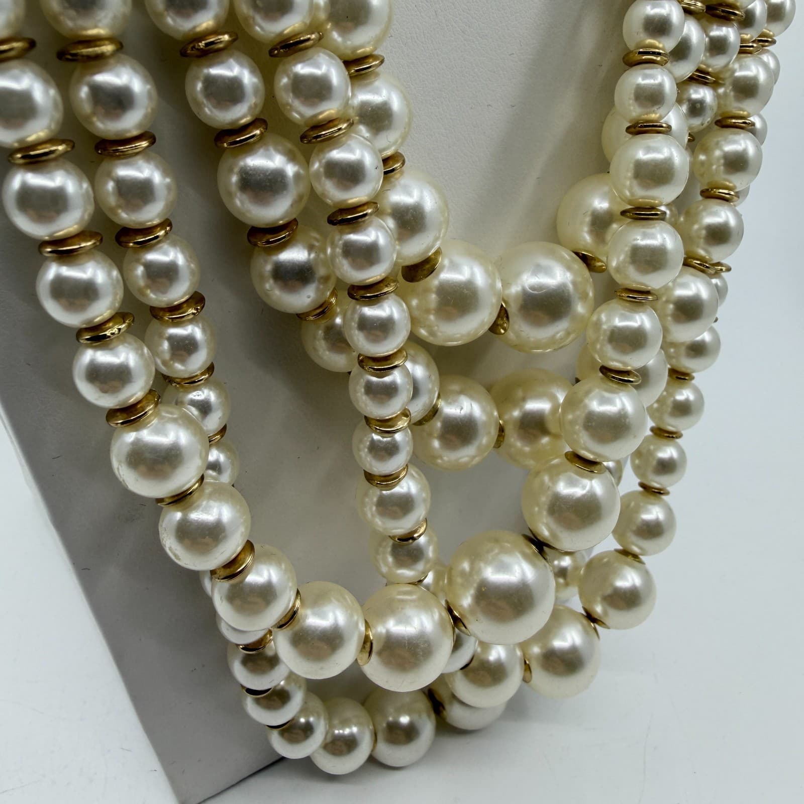 Multi Strand Pearl Statement Necklace Gold Tone Layered Boho Wedding Gift Party - Thumbnail 3