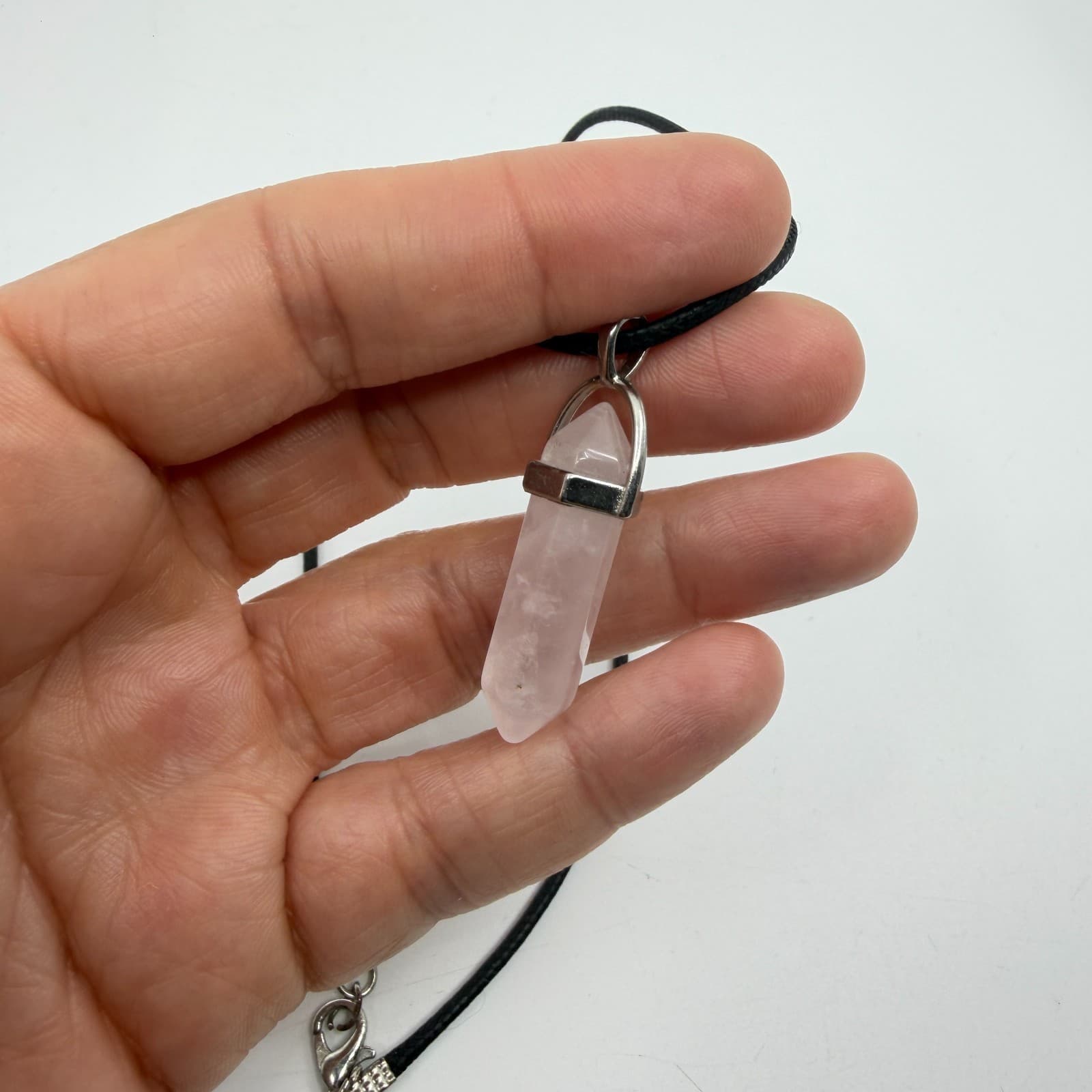 Minimalist Rose Quartz Point Pendant Necklace Black Cord Boho Crystal Jewelry - Thumbnail 8