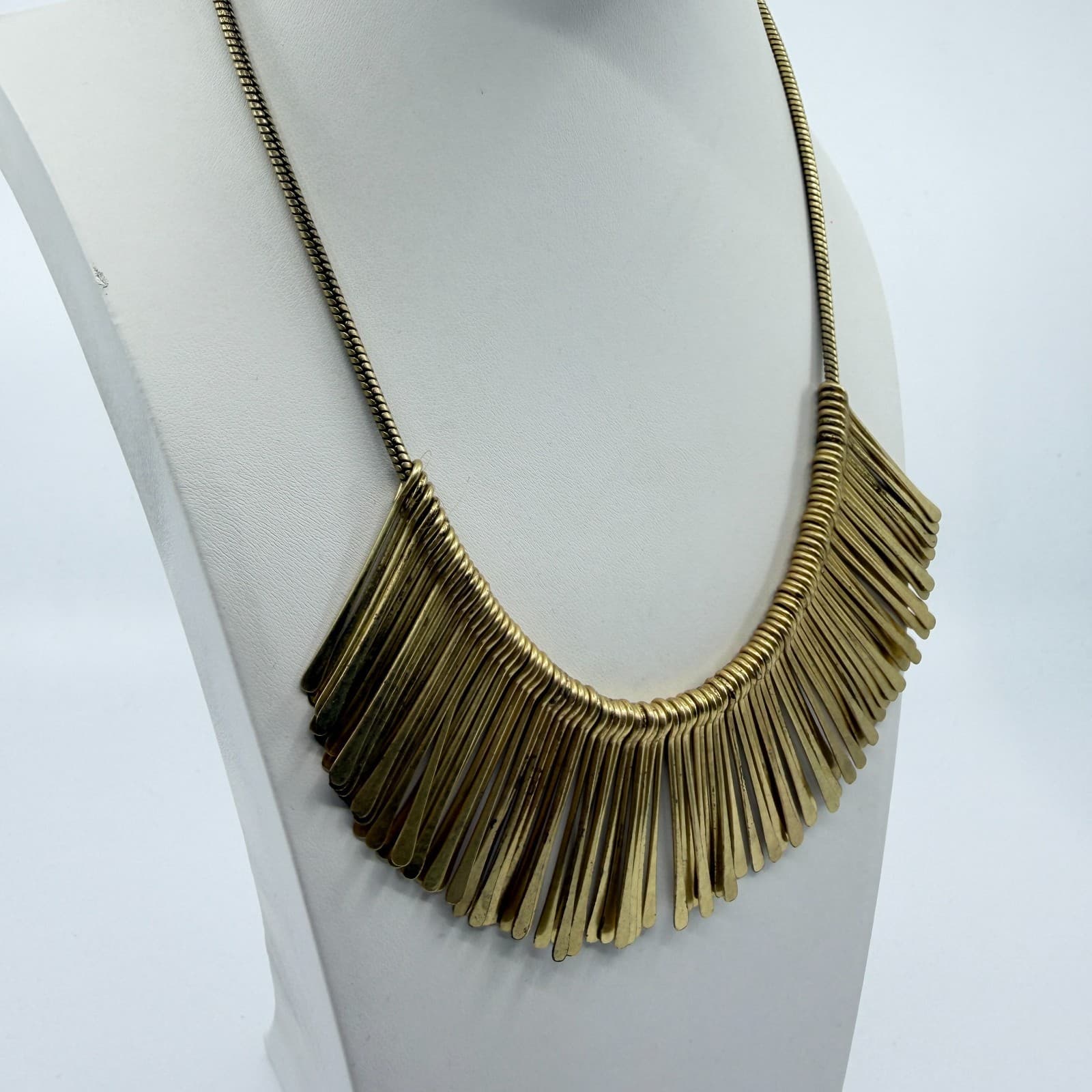 Gold Tone Statement Bib Necklace Fringe Design Bold Metal Collar Fashion Piece - Thumbnail 4