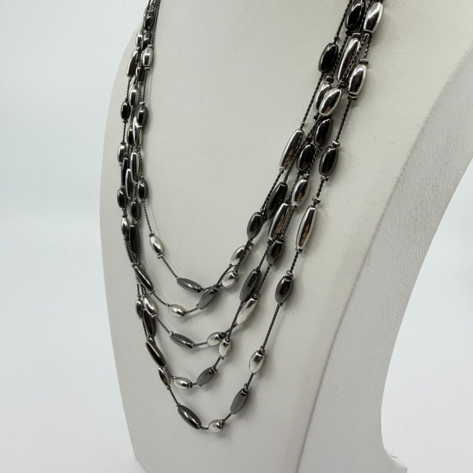 Multi-Strand Floating Metallic Bead Statement Necklace Layer Gunmetal Gray Chic - Thumbnail 7
